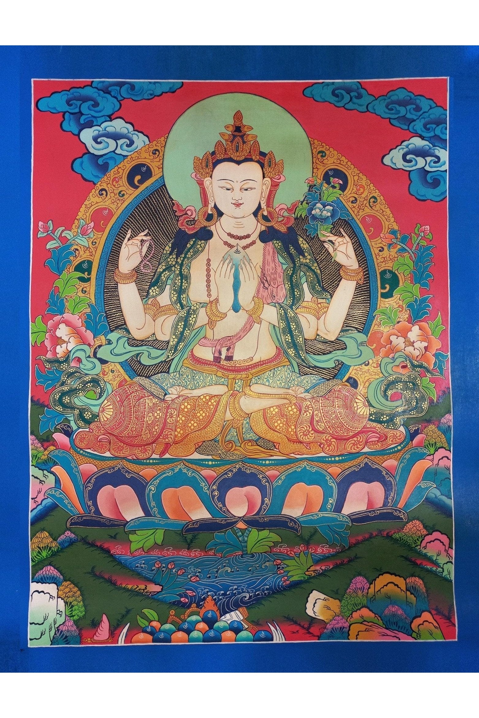 Chenrezig (Avalokiteshvara) Bodhisattva of Compassion Smoky Tibetan Thangka Painting | Hand - Painted Masterpiece | Buddhist Art from Nepal - Tibetan Thangka Art