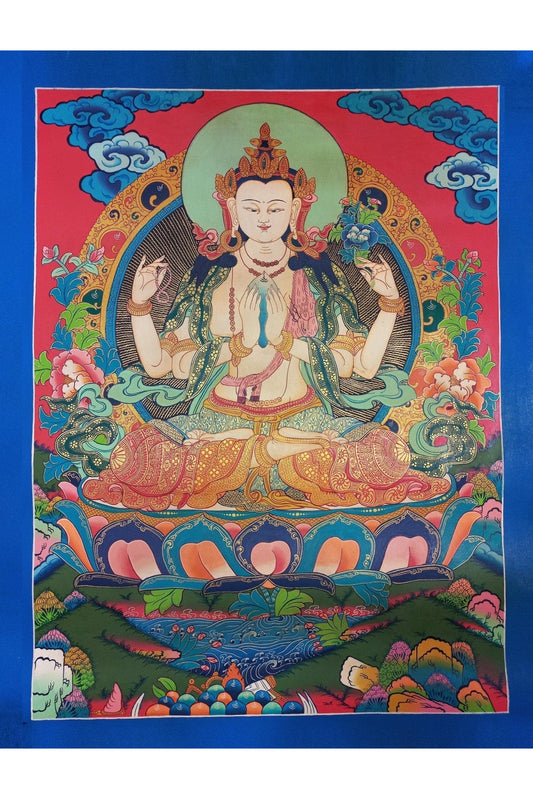 Chenrezig (Avalokiteshvara) Bodhisattva of Compassion Smoky Tibetan Thangka Painting | Hand - Painted Masterpiece | Buddhist Art from Nepal - Tibetan Thangka Art
