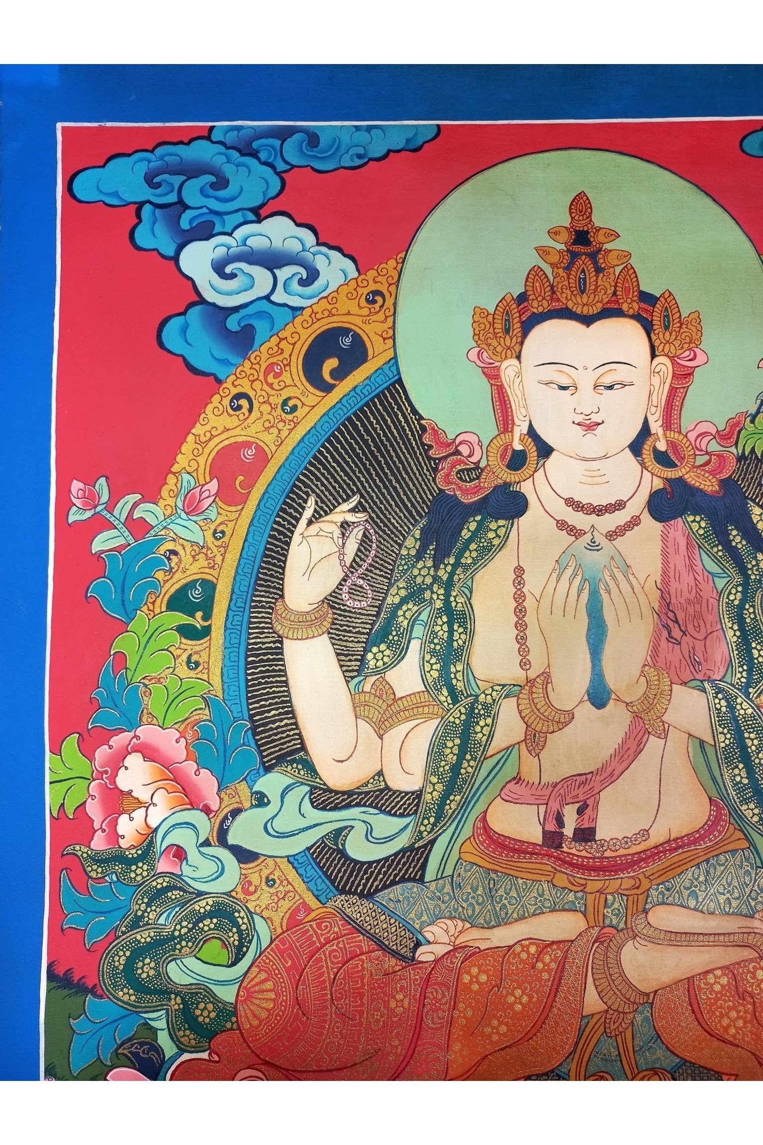 Chenrezig (Avalokiteshvara) Bodhisattva of Compassion Smoky Tibetan Thangka Painting | Hand - Painted Masterpiece | Buddhist Art from Nepal - Tibetan Thangka Art