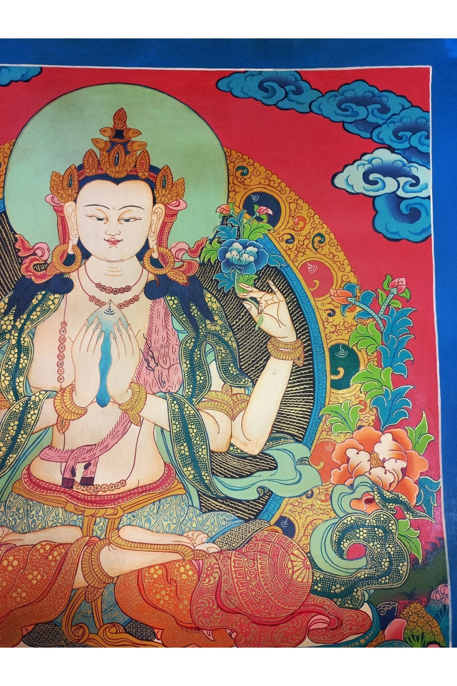 Chenrezig (Avalokiteshvara) Bodhisattva of Compassion Smoky Tibetan Thangka Painting | Hand - Painted Masterpiece | Buddhist Art from Nepal - Tibetan Thangka Art