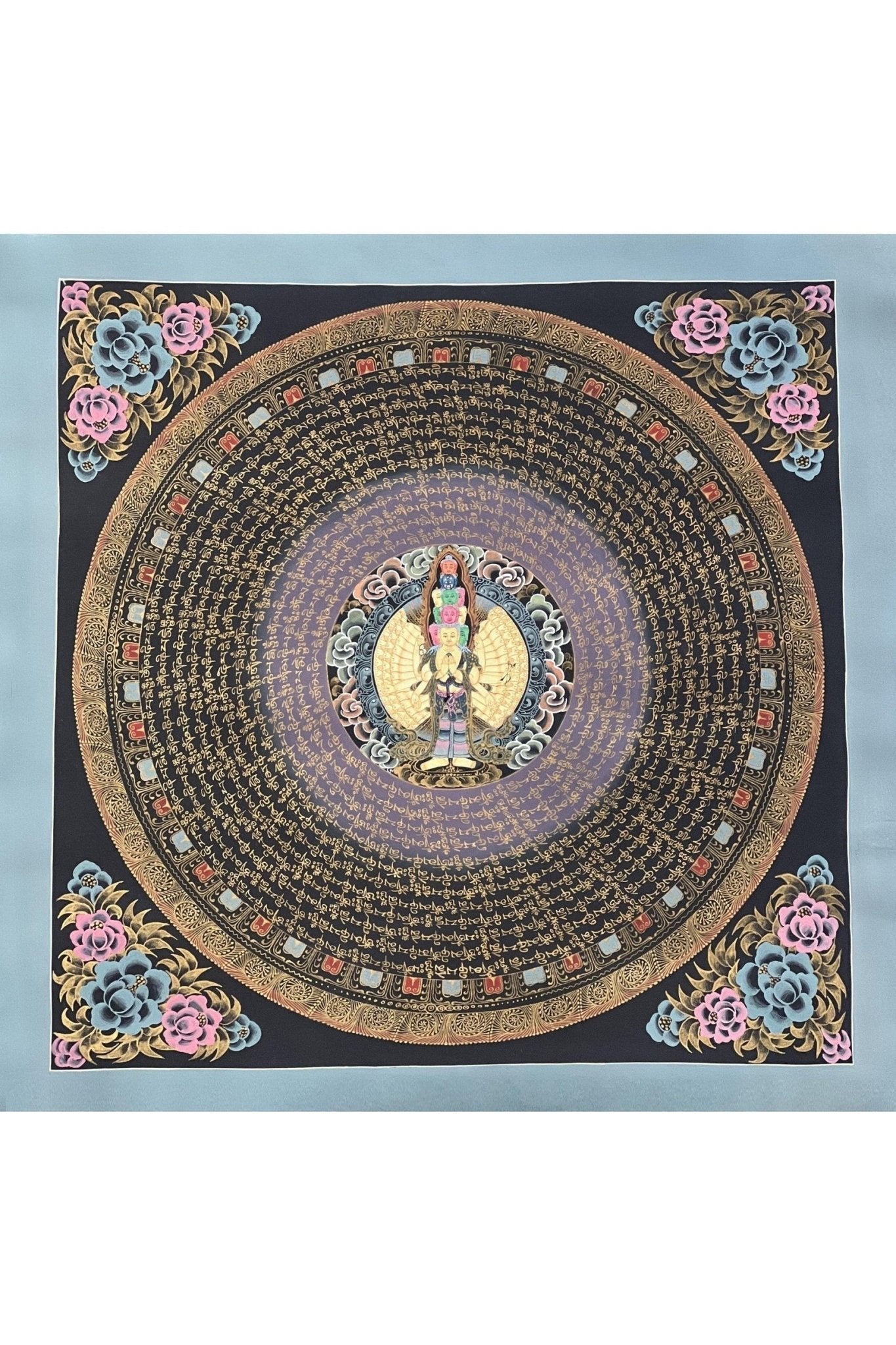 Chenrezig/ Avalokiteshvara Om Mani Padme Hum Mantra Mandala Original Tibetan Thangka Painting Buddhist Meditation Art/Hand Painting - Tibetan Thangka Art