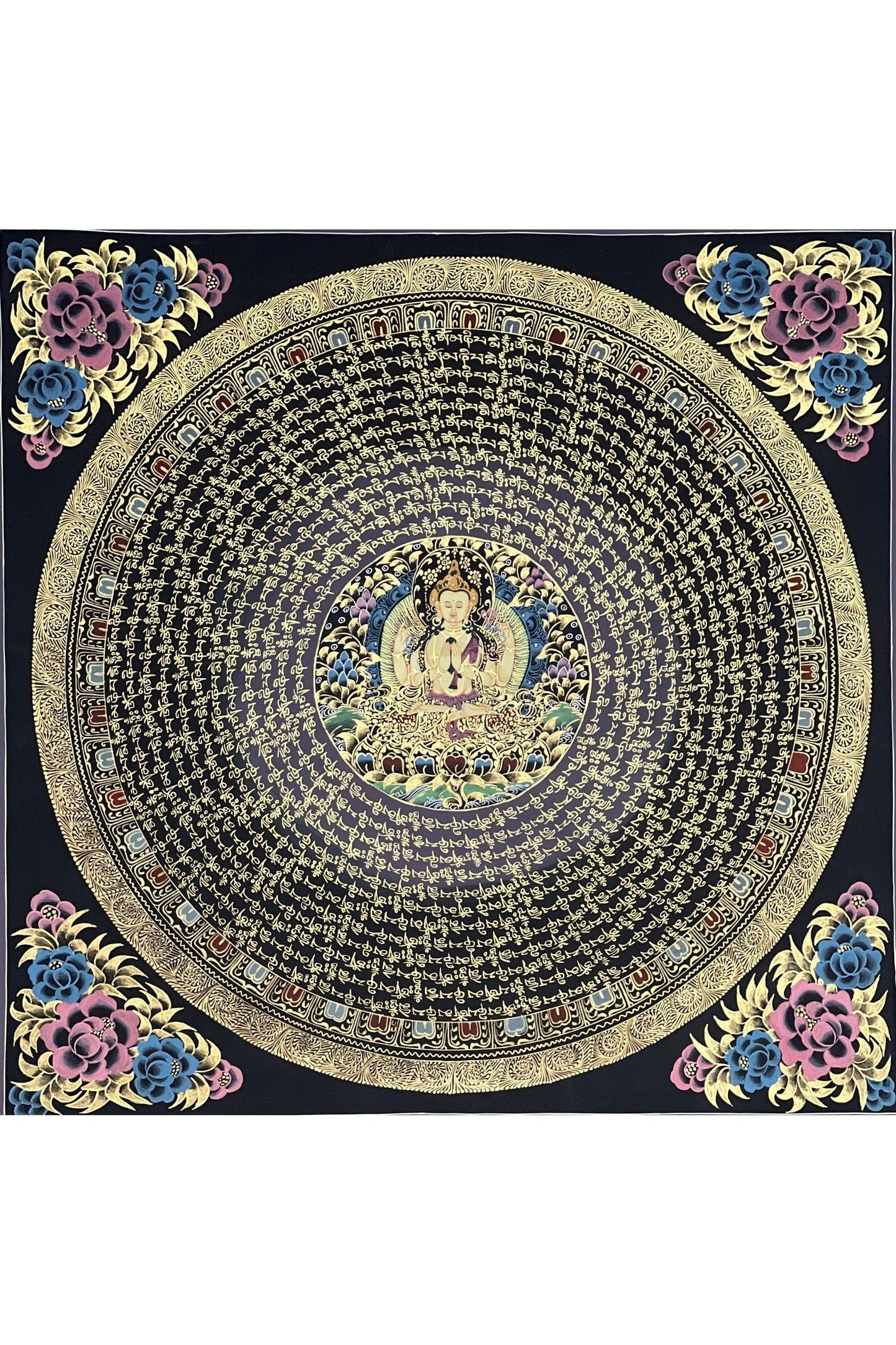 Chenrezig Om Mani Padme Hum Mantra Mandala Original Tibetan Thangka Painting Buddhist Meditation Art/Hand Painting - Tibetan Thangka Art