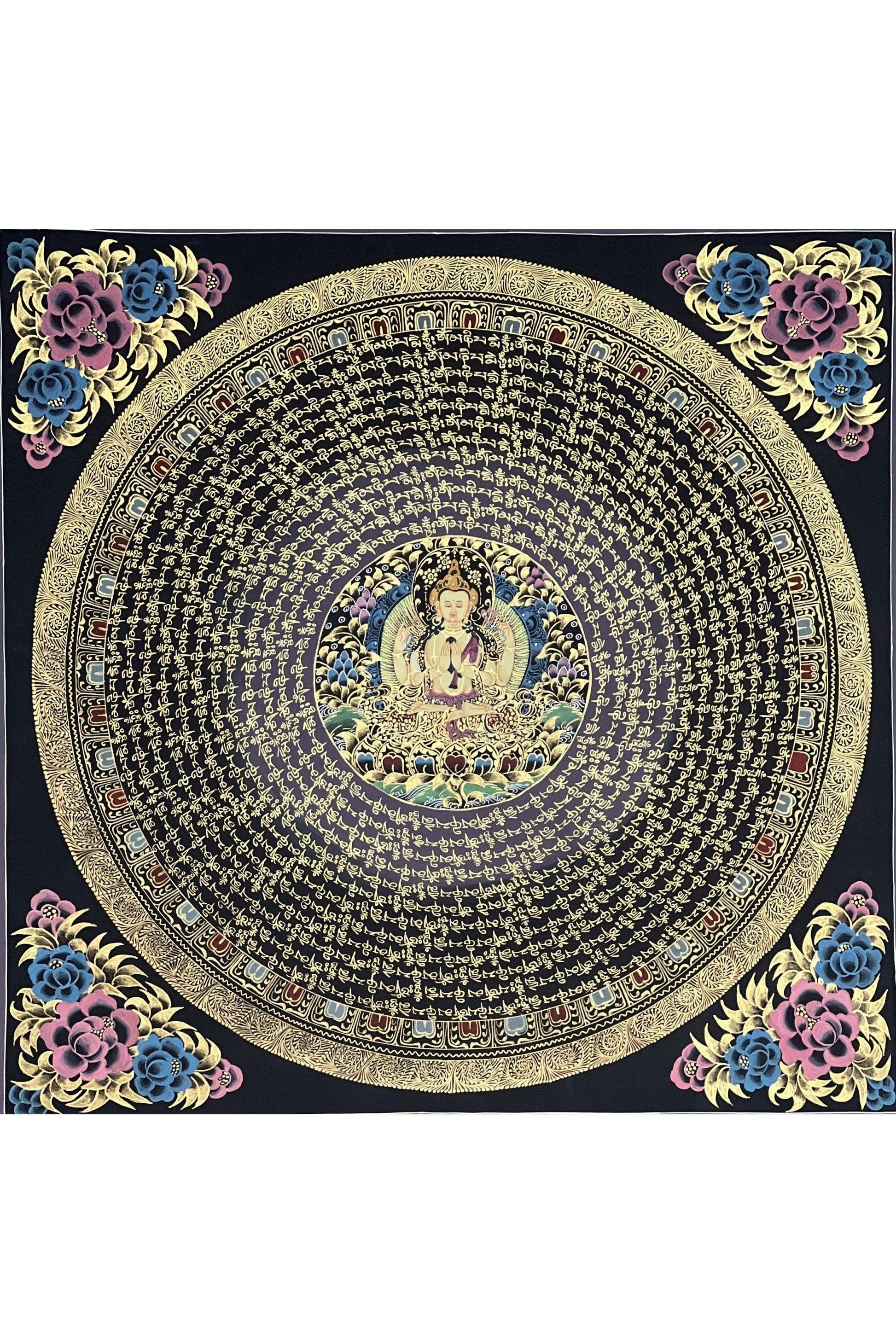 Chenrezig Om Mani Padme Hum Mantra Mandala Original Tibetan Thangka Painting Buddhist Meditation Art/Hand Painting - Tibetan Thangka Art