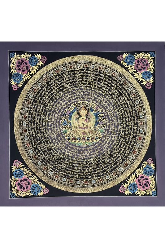 Chenrezig Om Mani Padme Hum Mantra Mandala Original Tibetan Thangka Painting Buddhist Meditation Art/Hand Painting - Tibetan Thangka Art