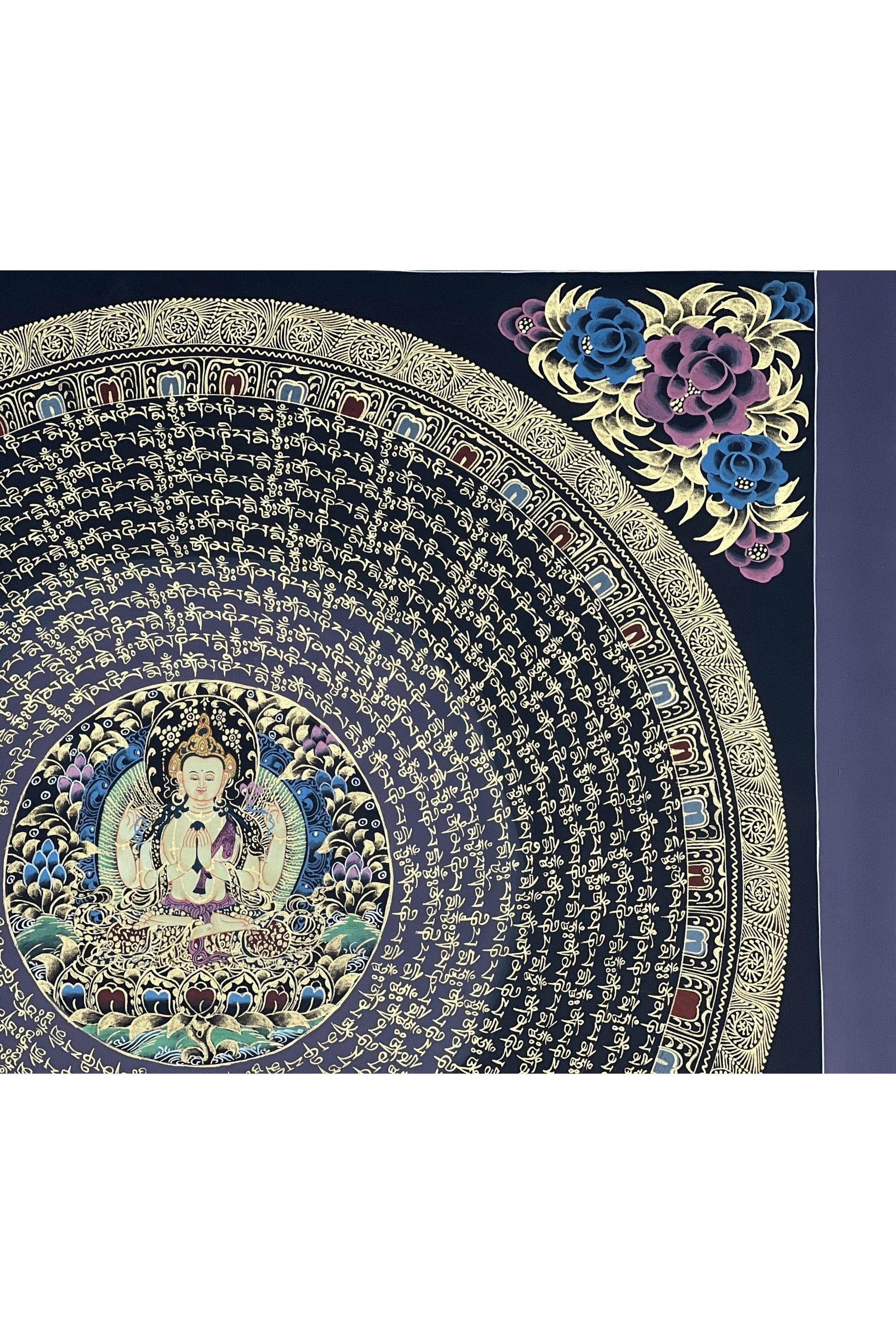 Chenrezig Om Mani Padme Hum Mantra Mandala Original Tibetan Thangka Painting Buddhist Meditation Art/Hand Painting - Tibetan Thangka Art