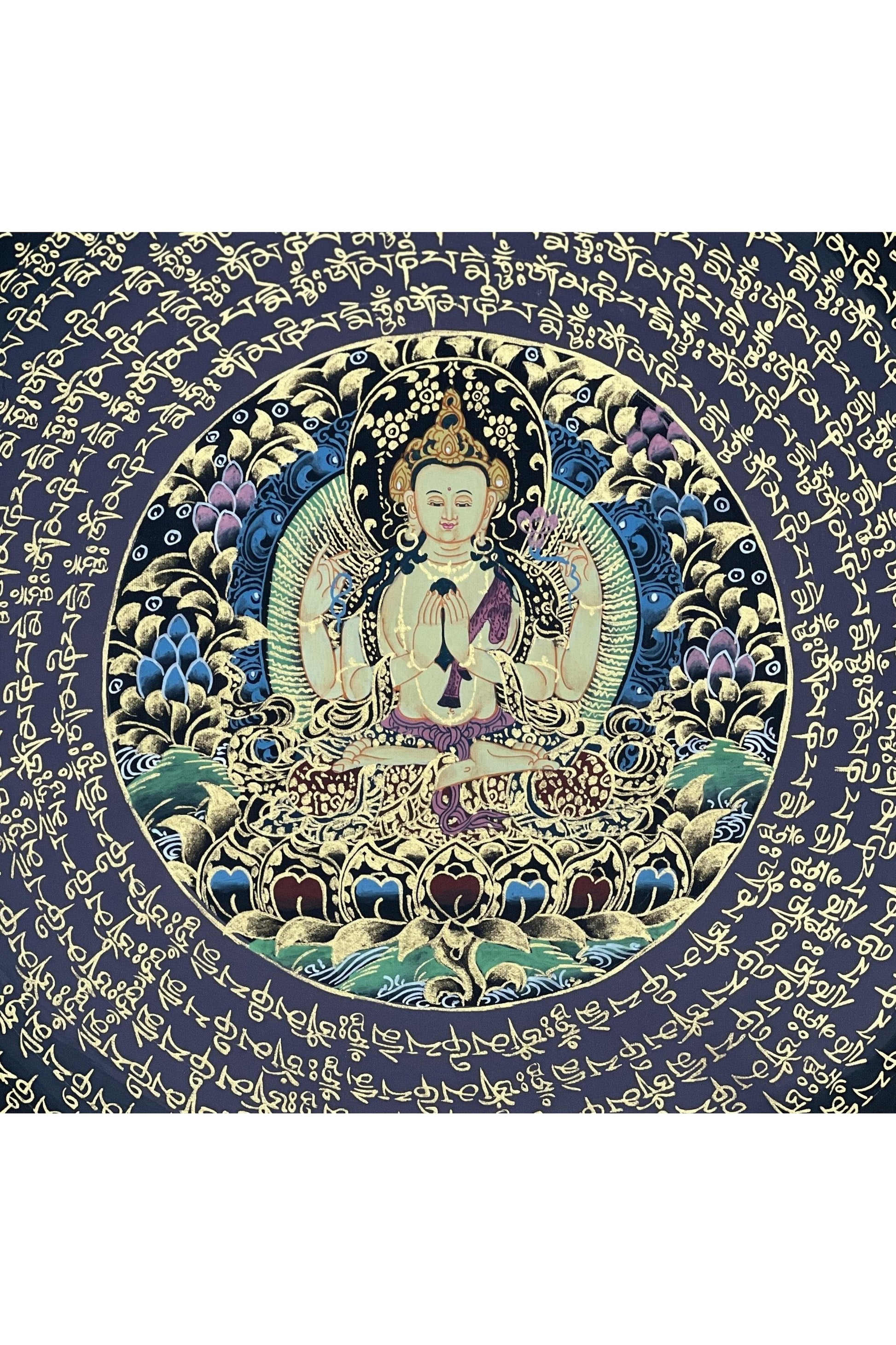 Chenrezig Om Mani Padme Hum Mantra Mandala Original Tibetan Thangka Painting Buddhist Meditation Art/Hand Painting - Tibetan Thangka Art