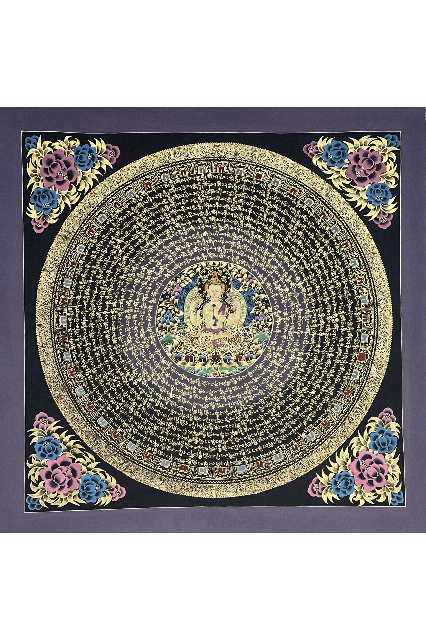 Chenrezig Om Mani Padme Hum Mantra Mandala Original Tibetan Thangka Painting Buddhist Meditation Art/Hand Painting - Tibetan Thangka Art