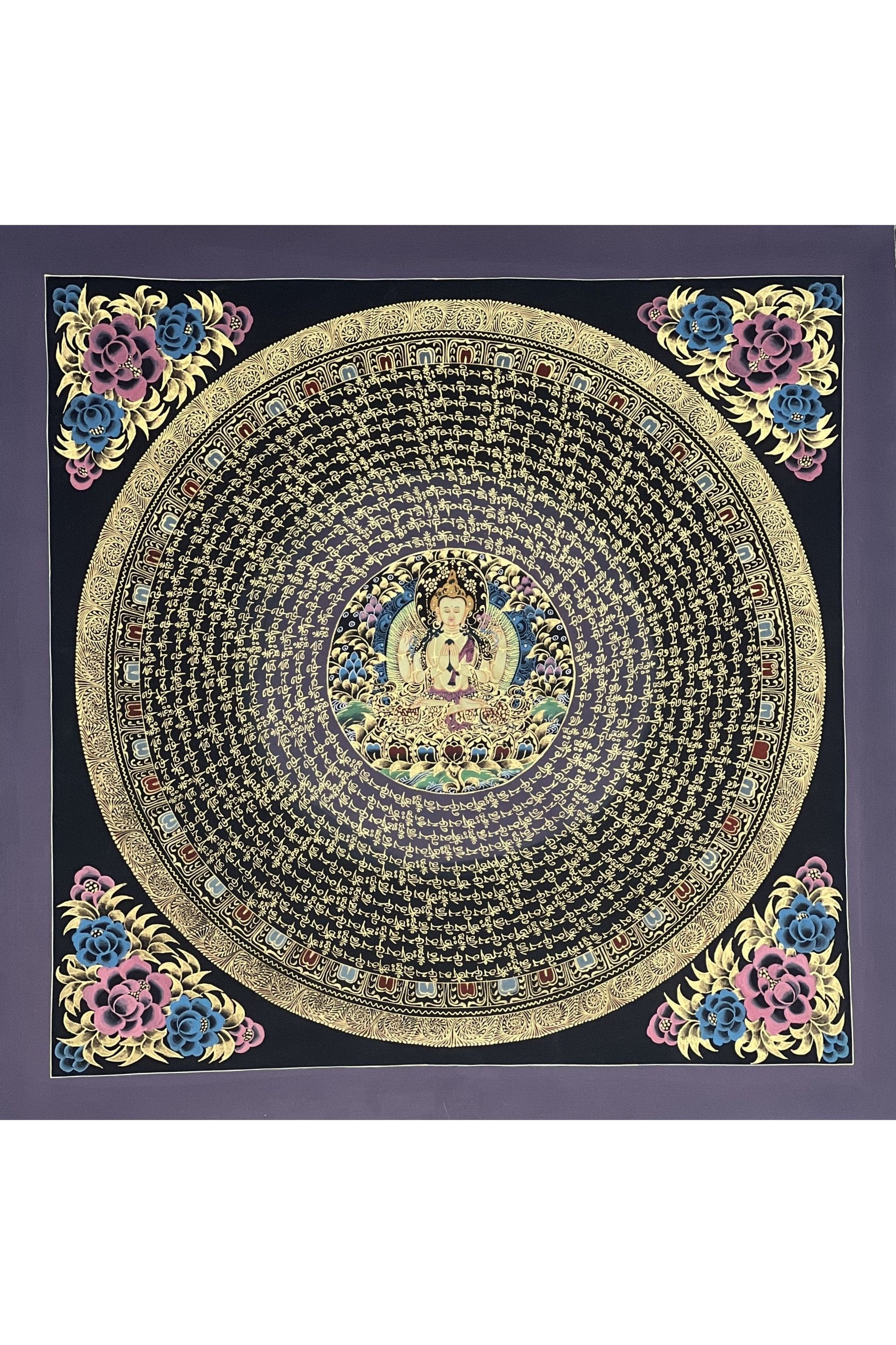 Chenrezig Om Mani Padme Hum Mantra Mandala Original Tibetan Thangka Painting Buddhist Meditation Art/Hand Painting - Tibetan Thangka Art