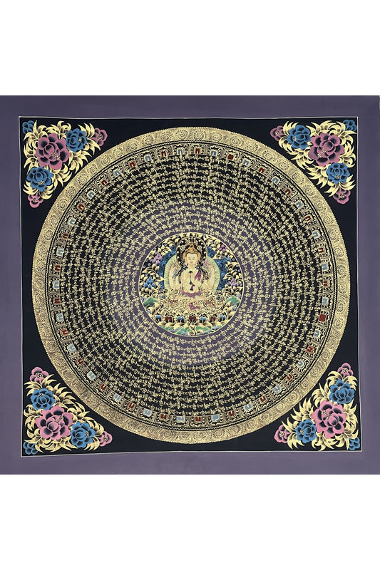 Chenrezig Om Mani Padme Hum Mantra Mandala Original Tibetan Thangka Painting Buddhist Meditation Art/Hand Painting - Tibetan Thangka Art