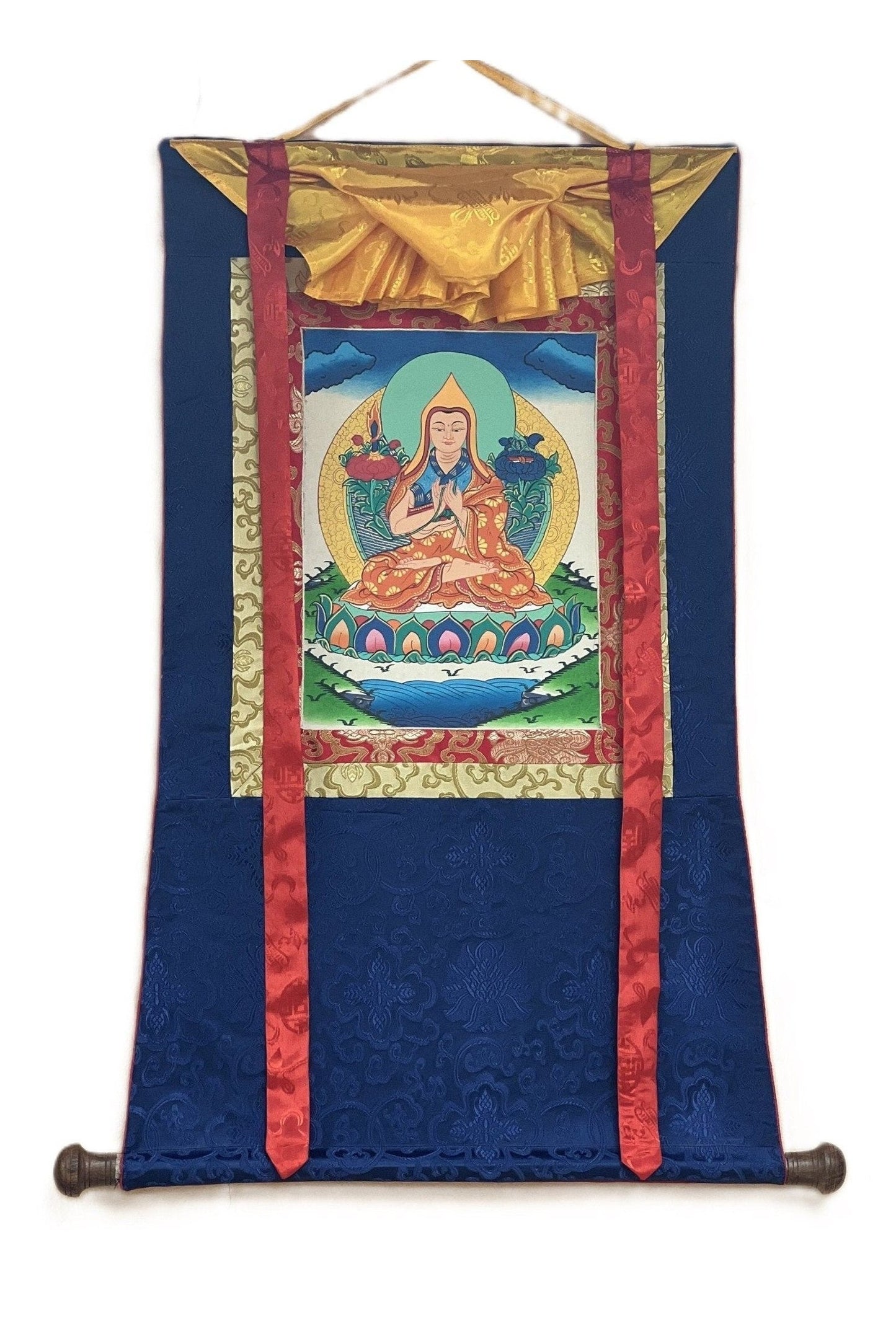 Chongapa/ Je Tsongkhapa Renowned Tibetan Master / Disciple Thangka Painting Original Art with Silk Brocade - Tibetan Thangka Art