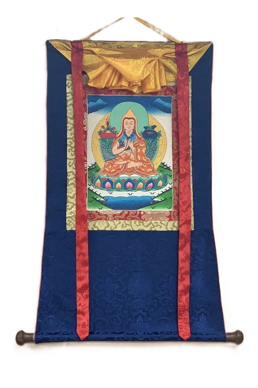 Chongapa/ Je Tsongkhapa Renowned Tibetan Master / Disciple Thangka Painting Original Art with Silk Brocade - Tibetan Thangka Art
