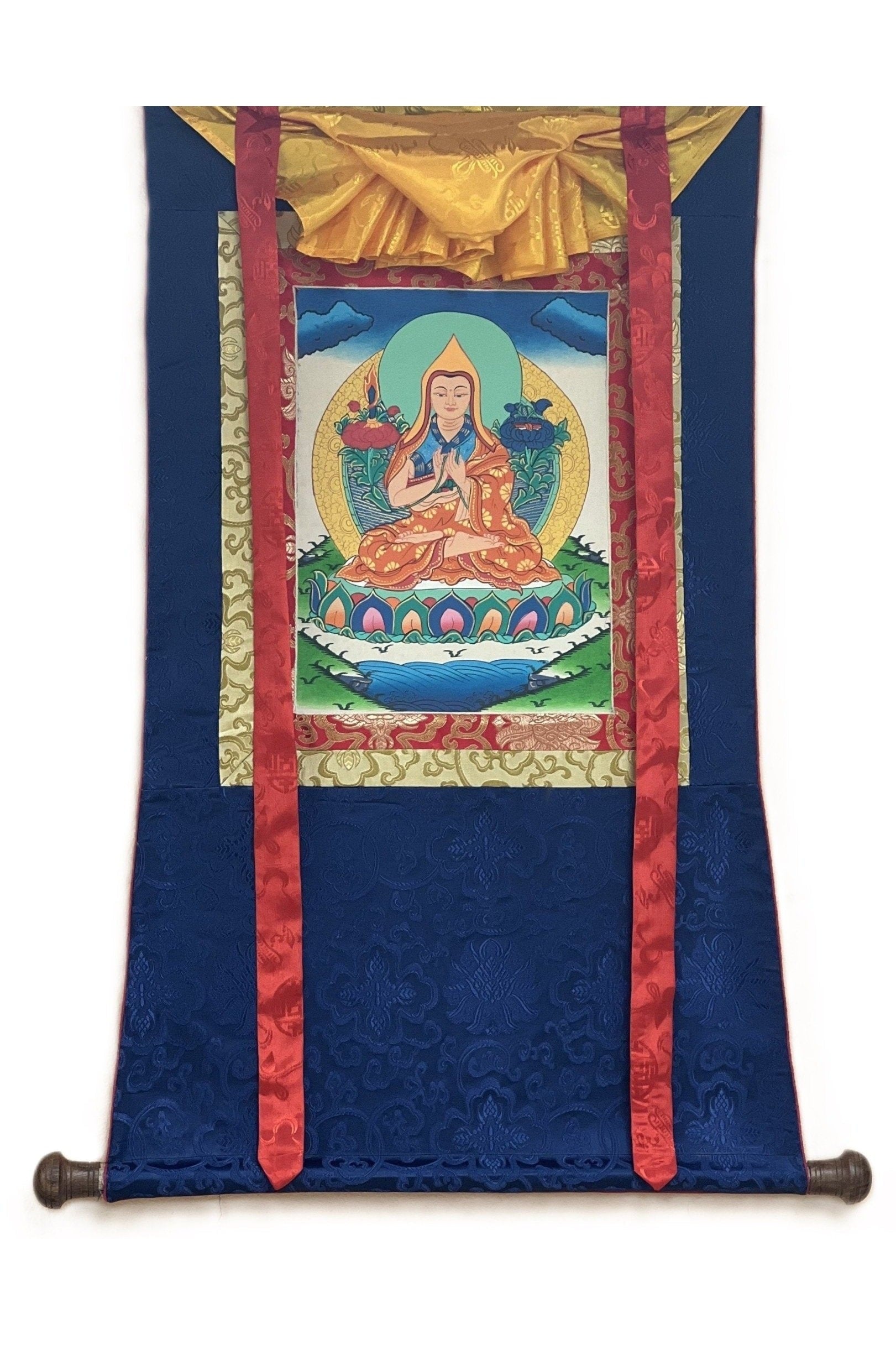 Chongapa/ Je Tsongkhapa Renowned Tibetan Master / Disciple Thangka Painting Original Art with Silk Brocade - Tibetan Thangka Art