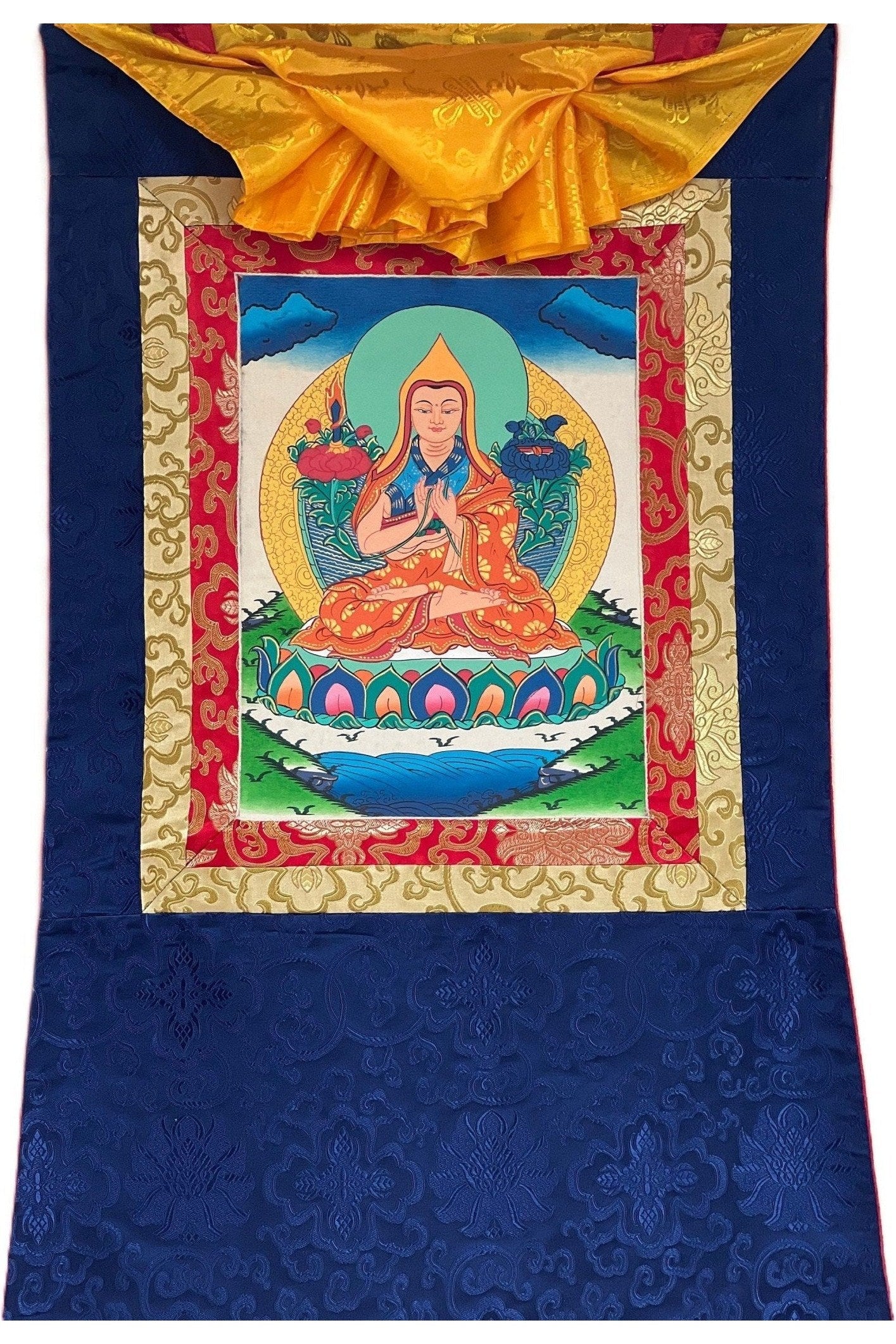 Chongapa/ Je Tsongkhapa Renowned Tibetan Master / Disciple Thangka Painting Original Art with Silk Brocade - Tibetan Thangka Art