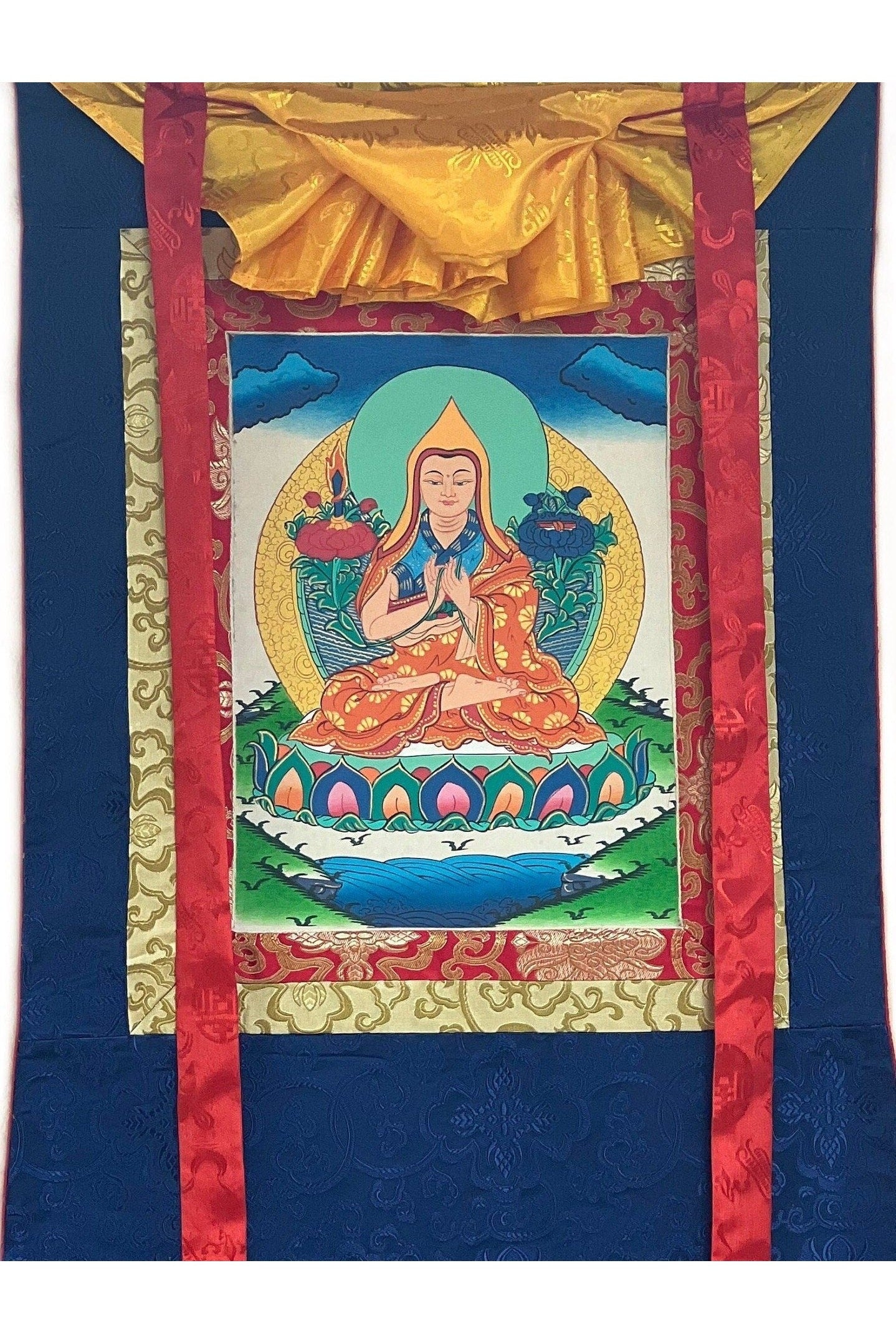 Chongapa/ Je Tsongkhapa Renowned Tibetan Master / Disciple Thangka Painting Original Art with Silk Brocade - Tibetan Thangka Art