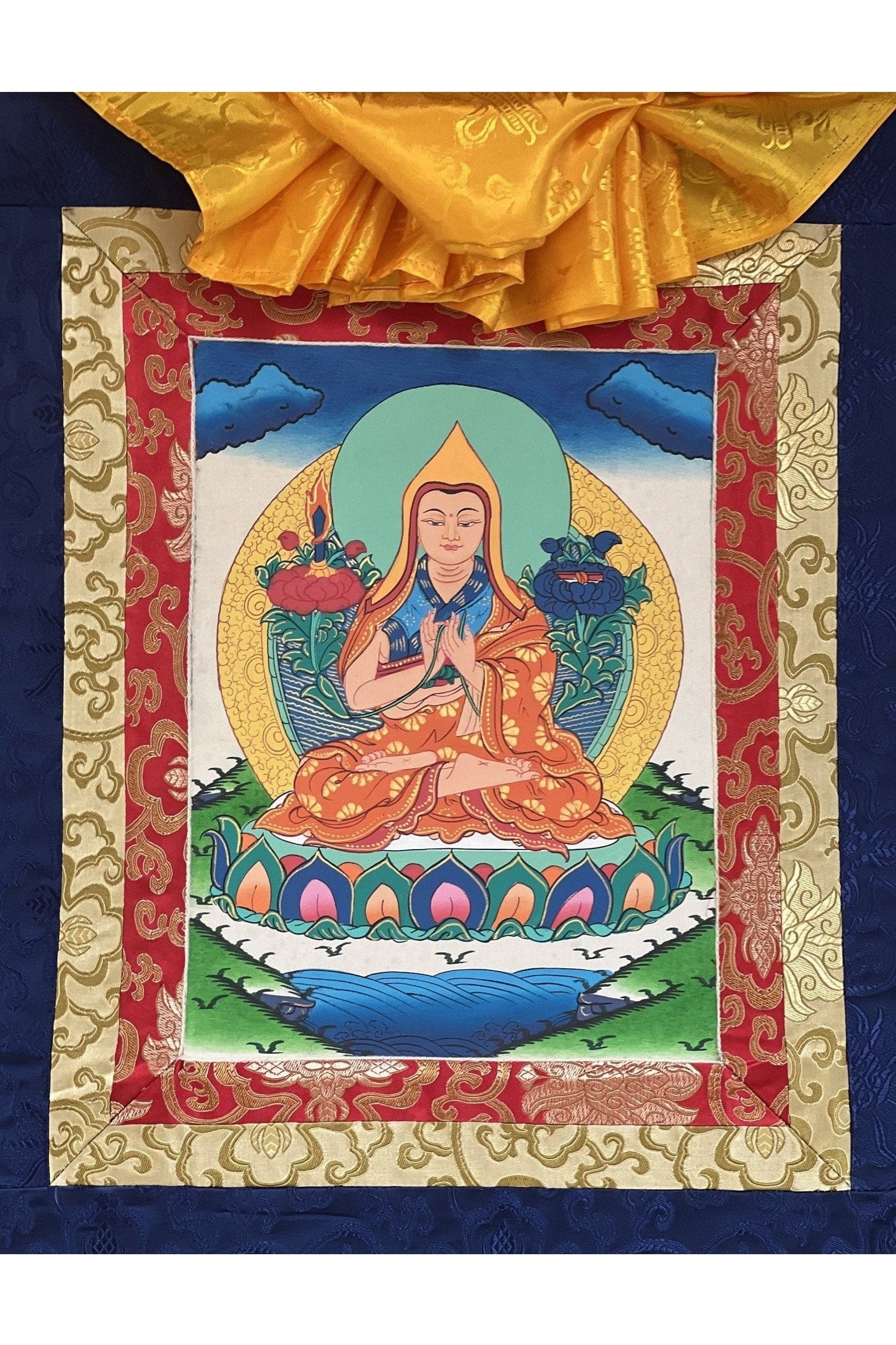 Chongapa/ Je Tsongkhapa Renowned Tibetan Master / Disciple Thangka Painting Original Art with Silk Brocade - Tibetan Thangka Art
