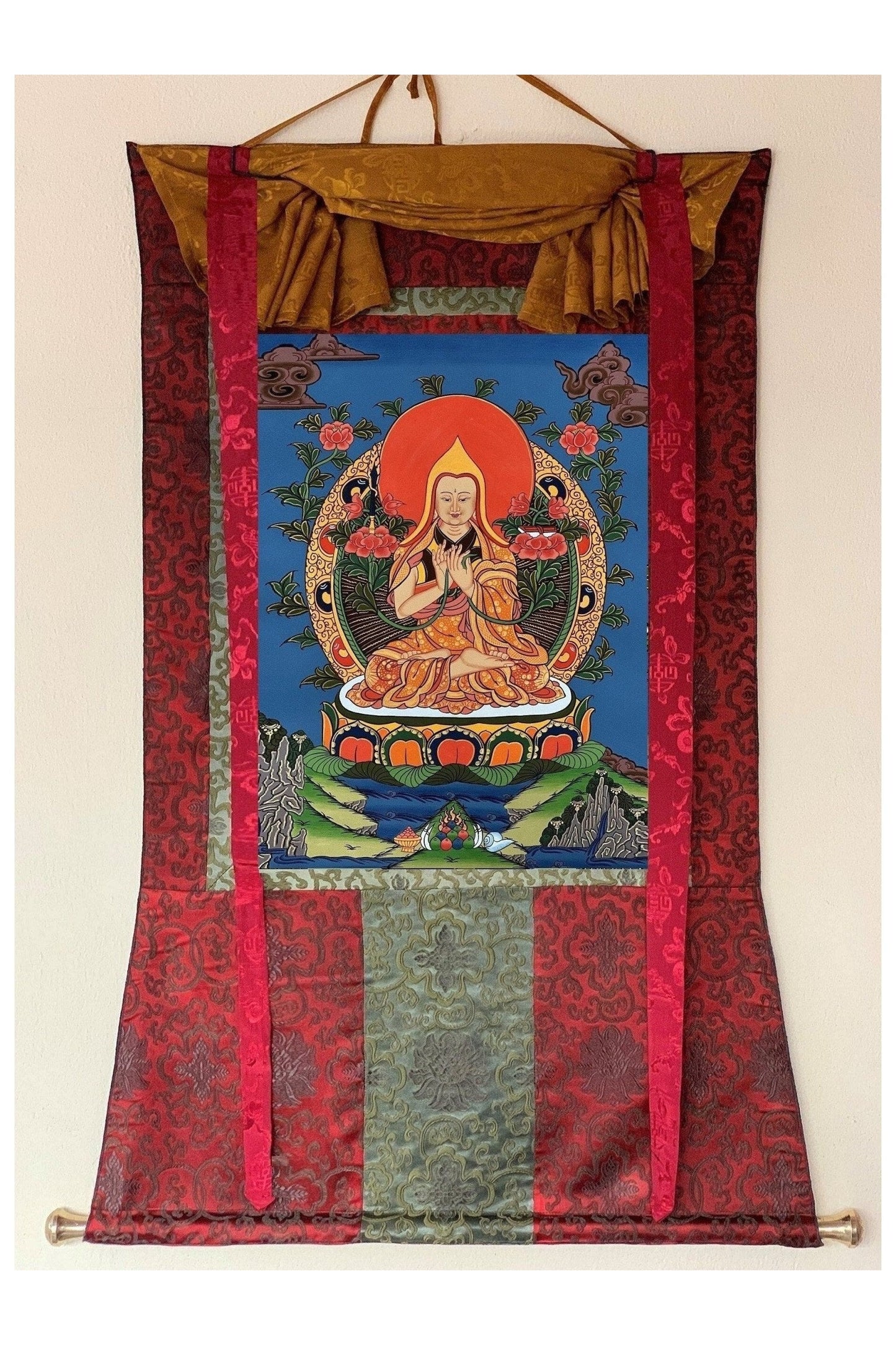 Chongapa/ Je Tsongkhapa Tibetan Master High Quality Tibetan Thangka Painting Original Art with Silk Brocade - Tibetan Thangka Art