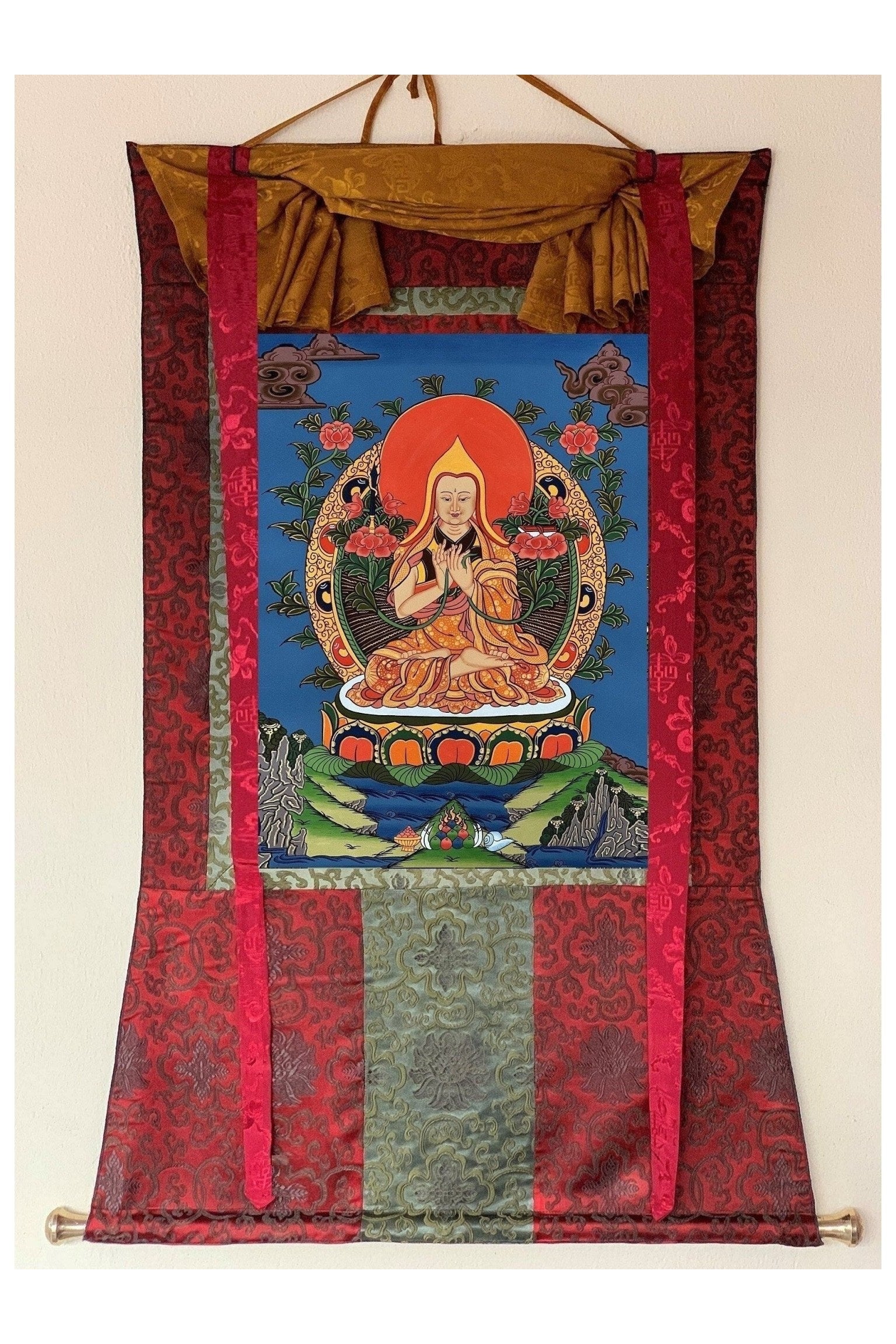 Chongapa/ Je Tsongkhapa Tibetan Master High Quality Tibetan Thangka Painting Original Art with Silk Brocade - Tibetan Thangka Art
