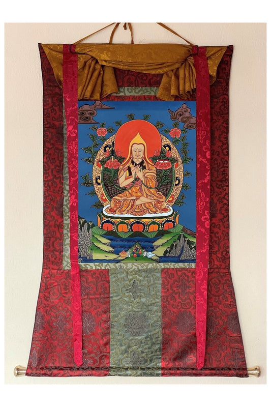 Chongapa/ Je Tsongkhapa Tibetan Master High Quality Tibetan Thangka Painting Original Art with Silk Brocade - Tibetan Thangka Art