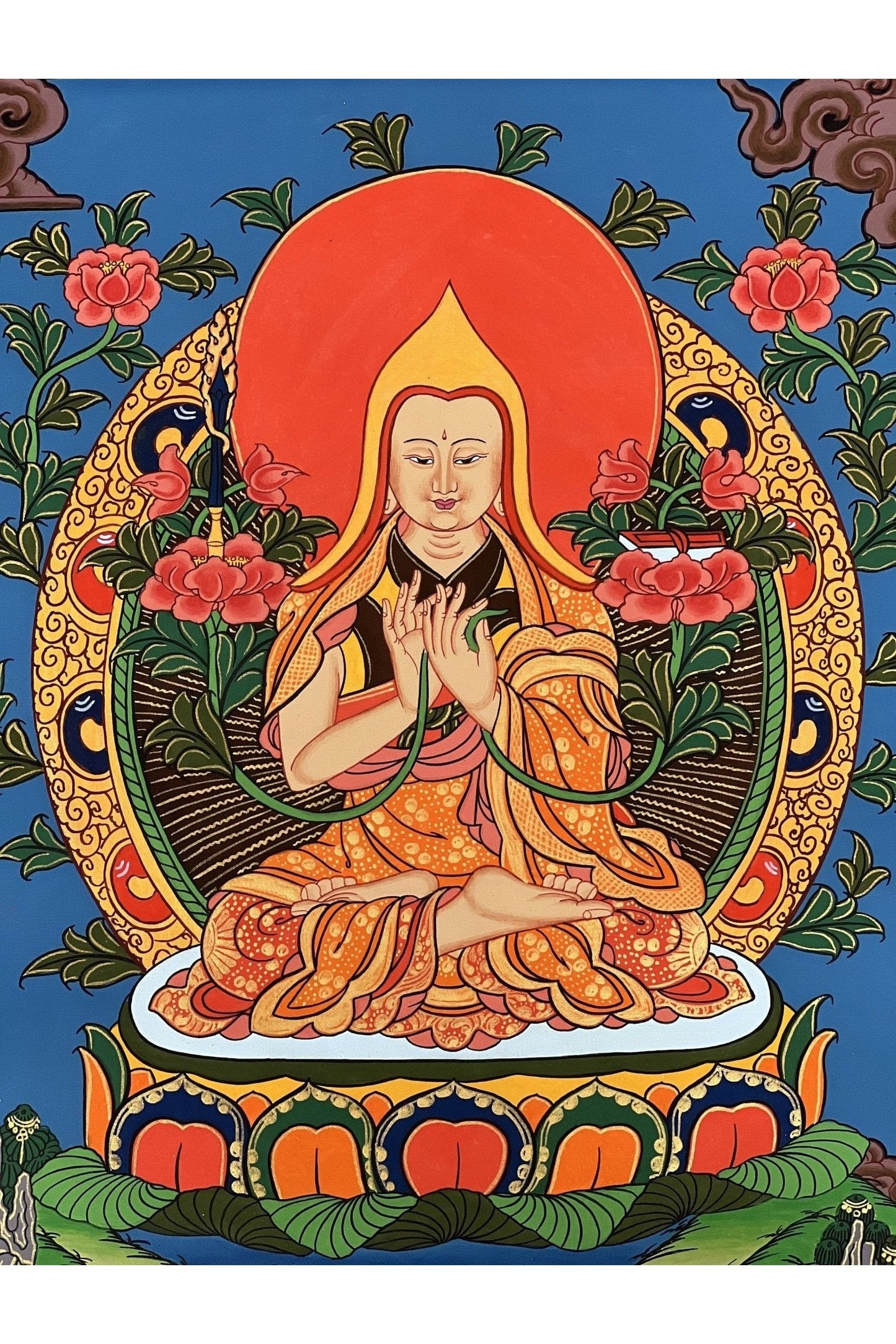 Chongapa/ Je Tsongkhapa Tibetan Master High Quality Tibetan Thangka Painting Original Art with Silk Brocade - Tibetan Thangka Art