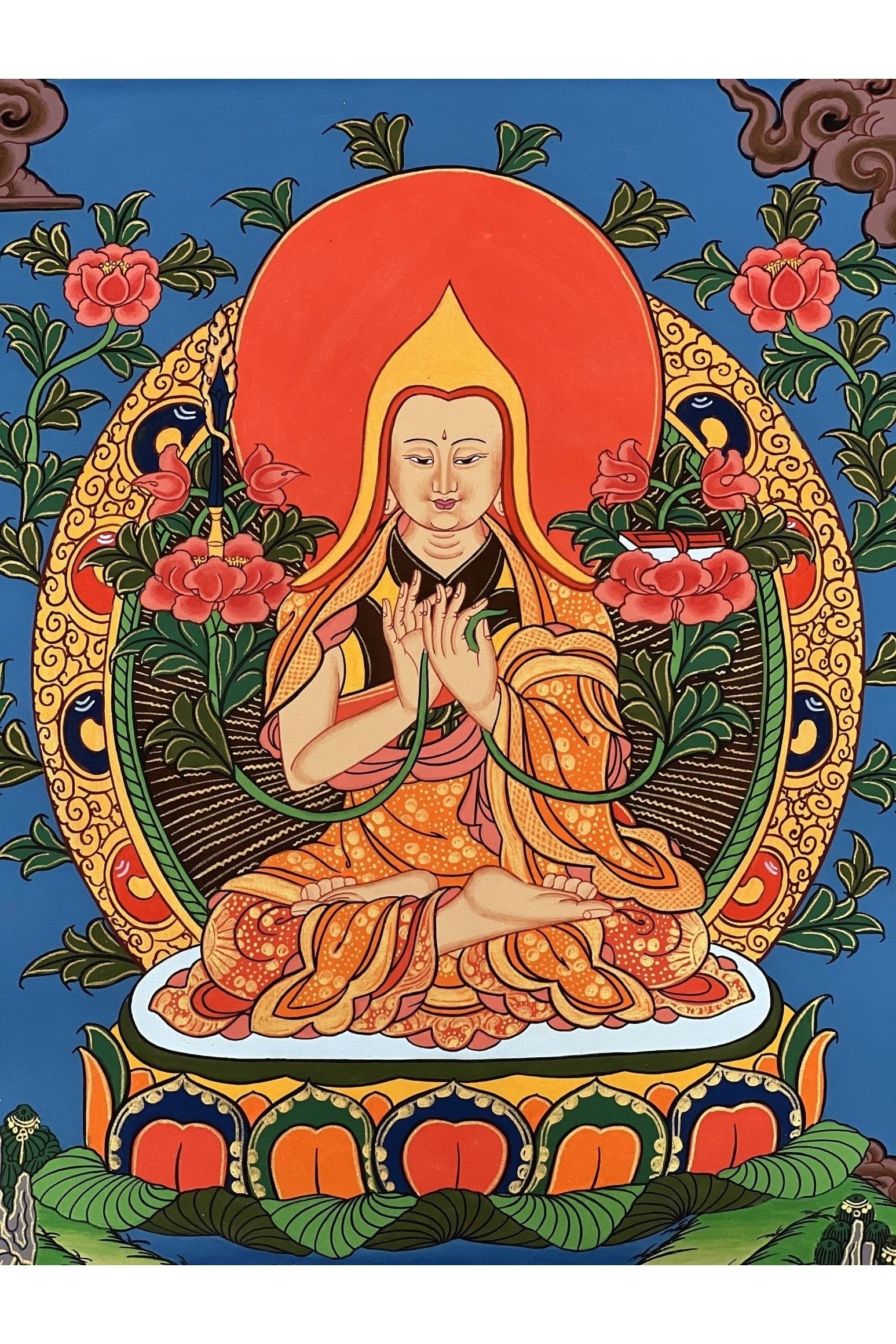 Chongapa/ Je Tsongkhapa Tibetan Master High Quality Tibetan Thangka Painting Original Art with Silk Brocade - Tibetan Thangka Art