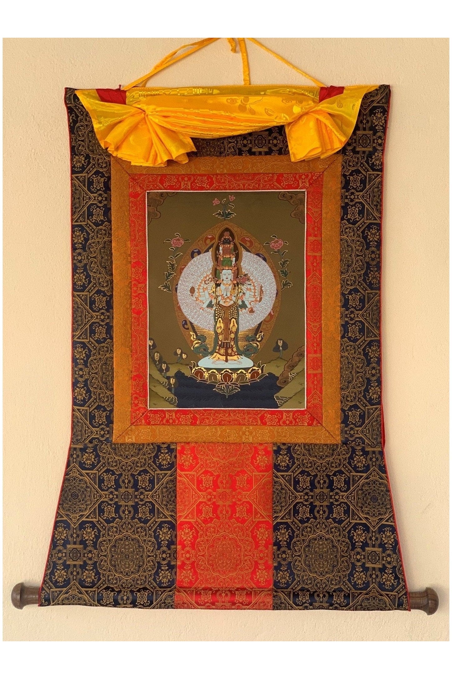 Chyangresi, Chenrezig, Avalokiteshvara, Bodhisattva, Thangka Painting, Original Art with Premium Silk Brocade - Tibetan Thangka Art