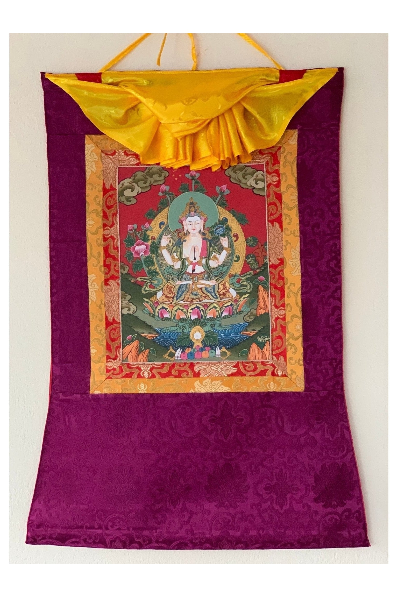 Chyangresi, Chenrezig, Avalokiteshvara, Bodhisattva, Thangka Painting, Original Art with Silk Brocade - Tibetan Thangka Art