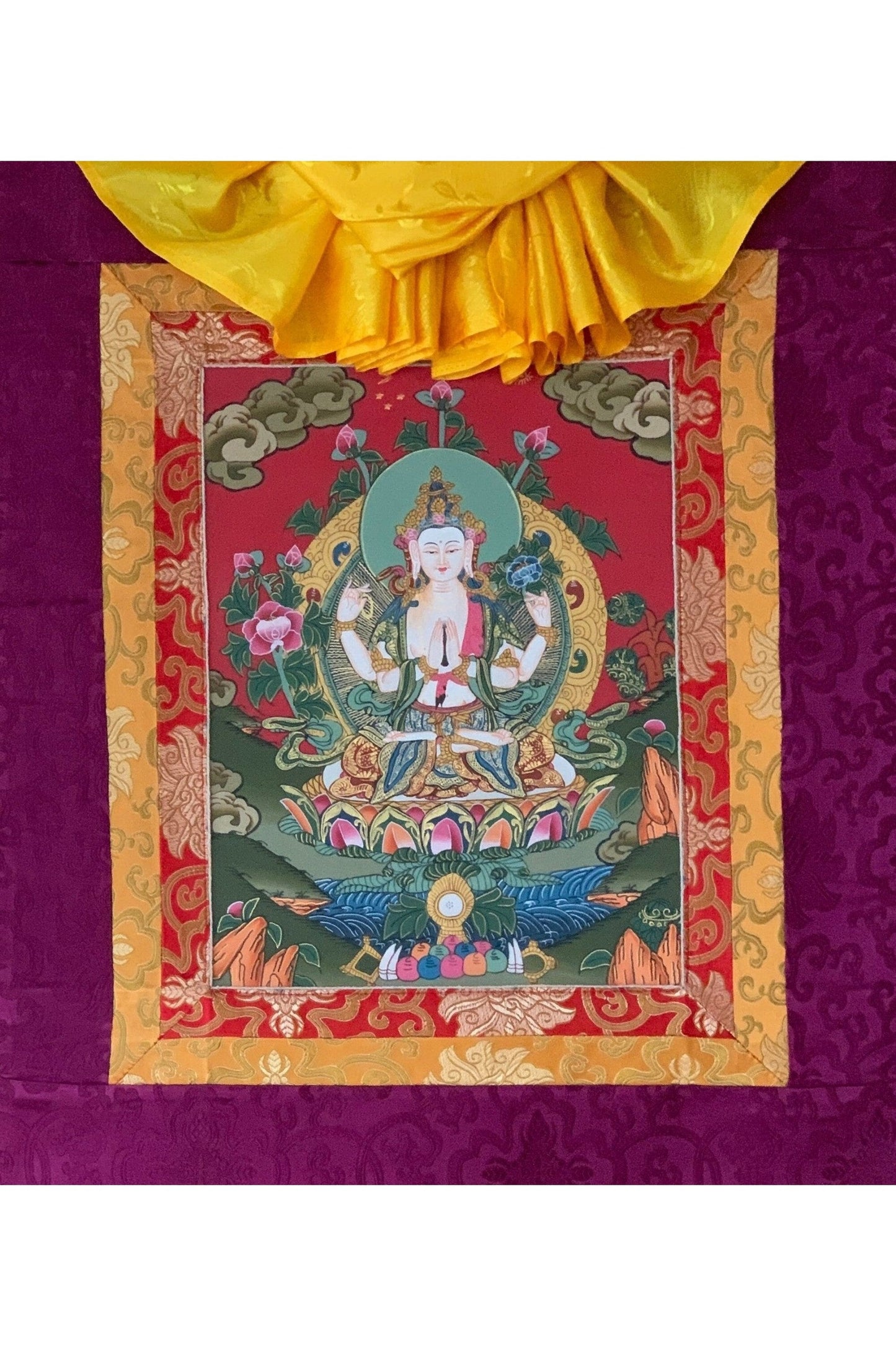 Chyangresi, Chenrezig, Avalokiteshvara, Bodhisattva, Thangka Painting, Original Art with Silk Brocade - Tibetan Thangka Art