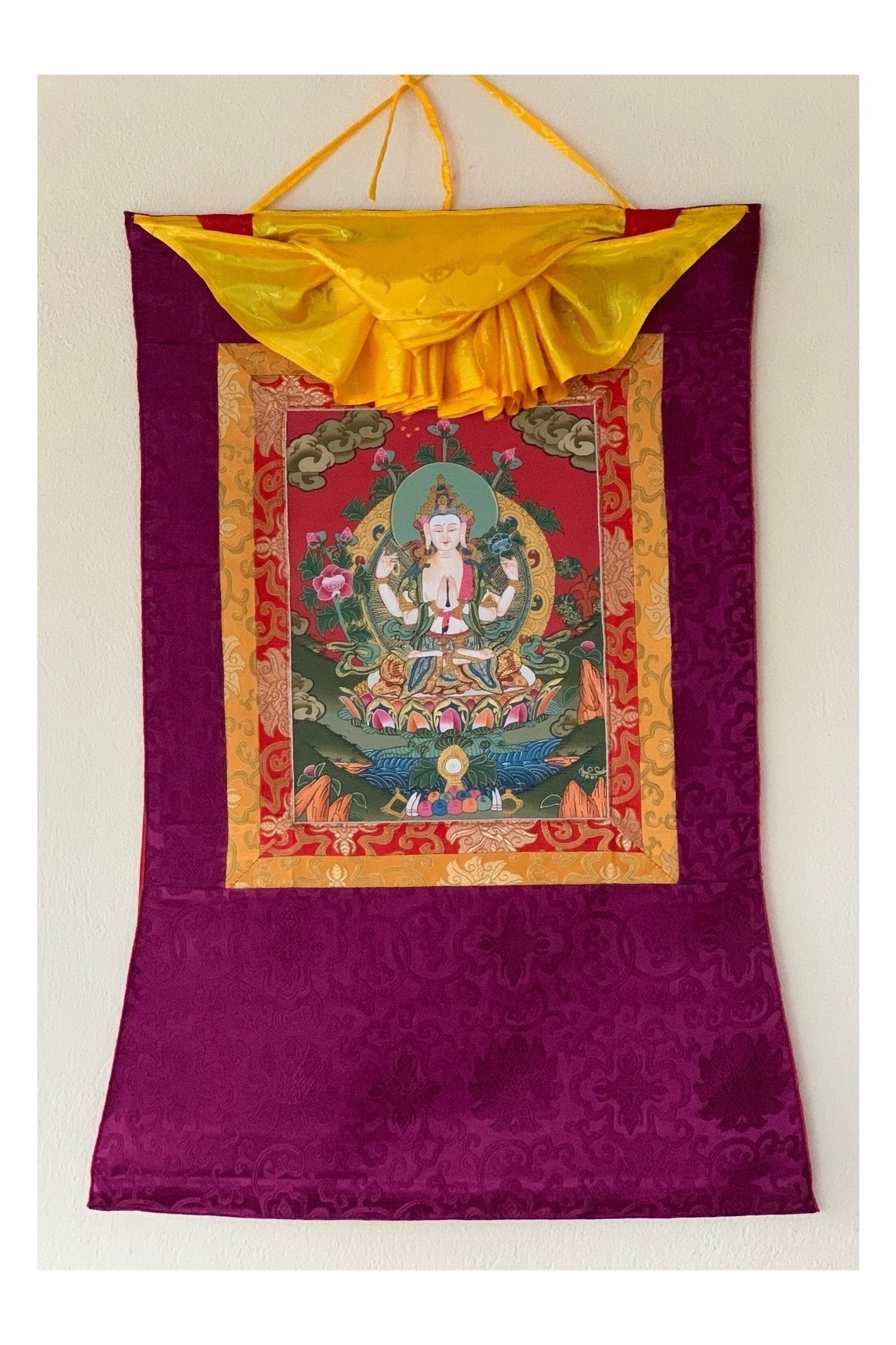 Chyangresi, Chenrezig, Avalokiteshvara, Bodhisattva, Thangka Painting, Original Art with Silk Brocade - Tibetan Thangka Art