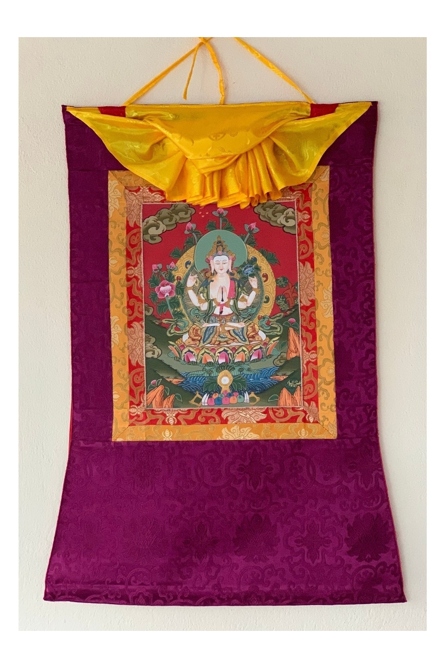 Chyangresi, Chenrezig, Avalokiteshvara, Bodhisattva, Thangka Painting, Original Art with Silk Brocade - Tibetan Thangka Art
