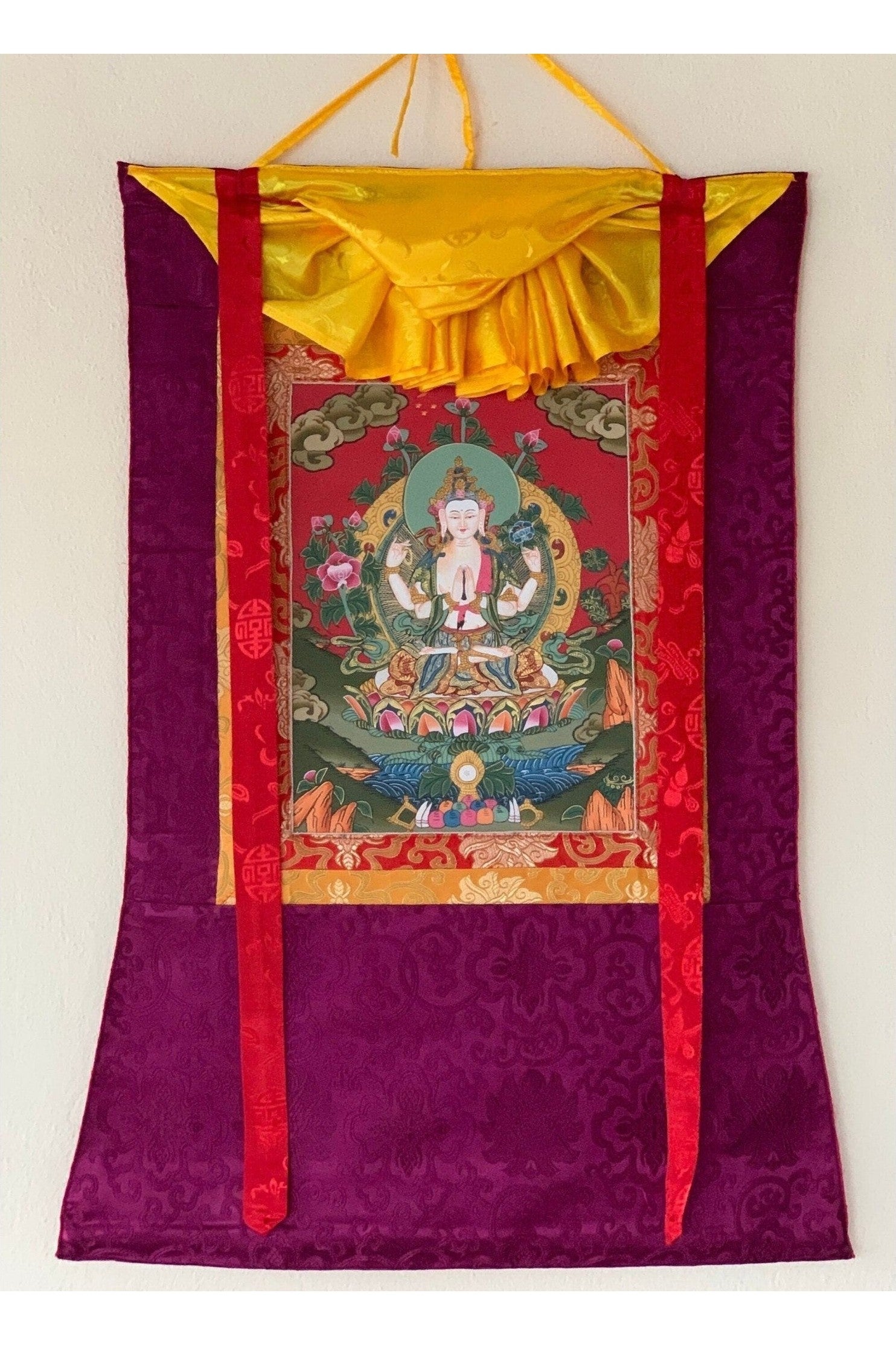 Chyangresi, Chenrezig, Avalokiteshvara, Bodhisattva, Thangka Painting, Original Art with Silk Brocade - Tibetan Thangka Art