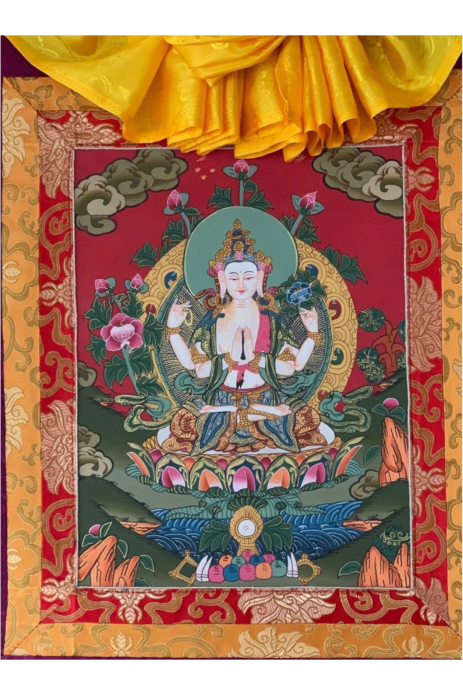Chyangresi, Chenrezig, Avalokiteshvara, Bodhisattva, Thangka Painting, Original Art with Silk Brocade - Tibetan Thangka Art