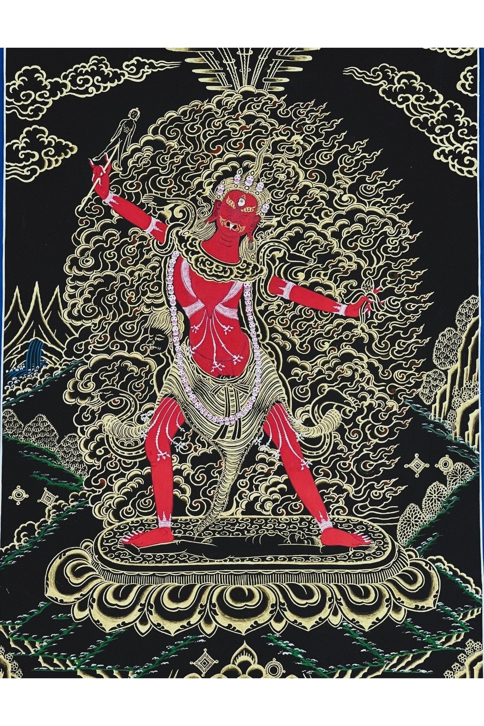 Ekajati/Ekajata/Ugra Tara/ Vajra Tara/ Blue Tara/ High - Quality Masterpiece Black and Gold Tibetan Thangka Painting Original Tantra Art - Tibetan Thangka Art