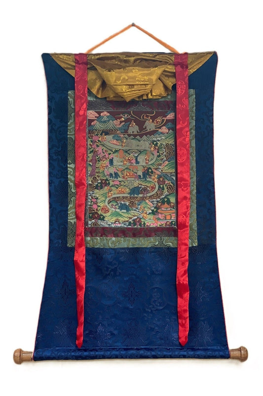 Elephant Path 9 Stages Samatha Meditation Way to Heaven Tibetan Thangka Painting Original Meditation Art/ Wall Hanging with Silk Brocade - Tibetan Thangka Art