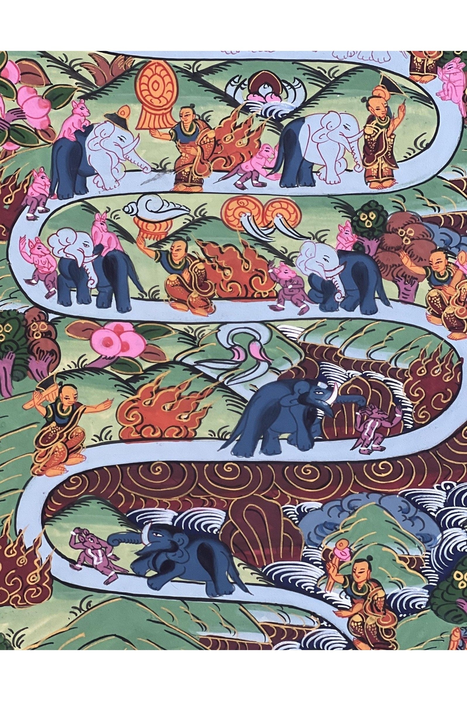Elephant Path Samatha Meditation Way to Heaven/ Nirvana Tibetan Thangka Painting Original Art for Nine Stage Samatha Meditation Practice - Tibetan Thangka Art