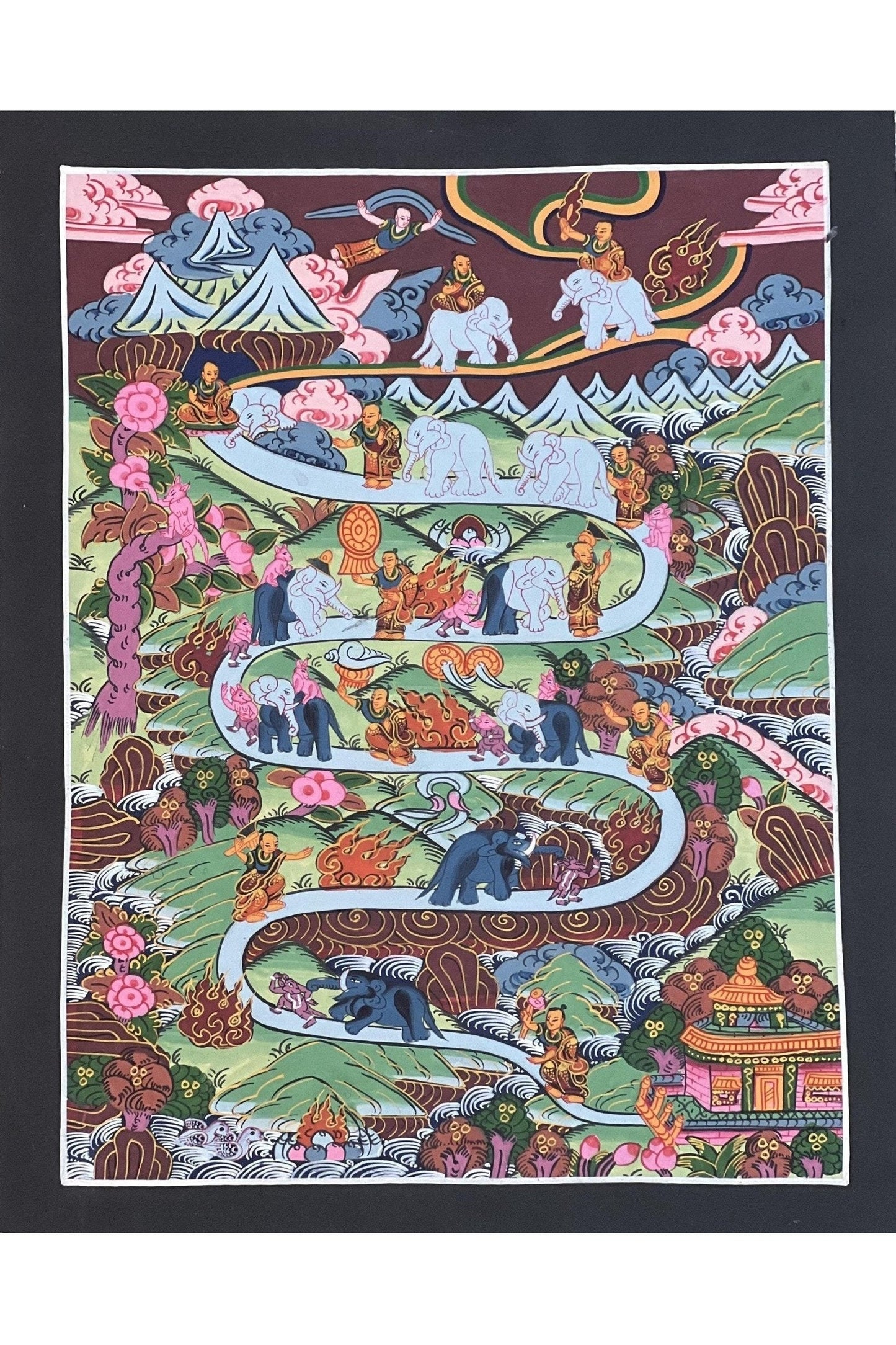 Elephant Path Samatha Meditation Way to Heaven/ Nirvana Tibetan Thangka Painting Original Art for Nine Stage Samatha Meditation Practice - Tibetan Thangka Art