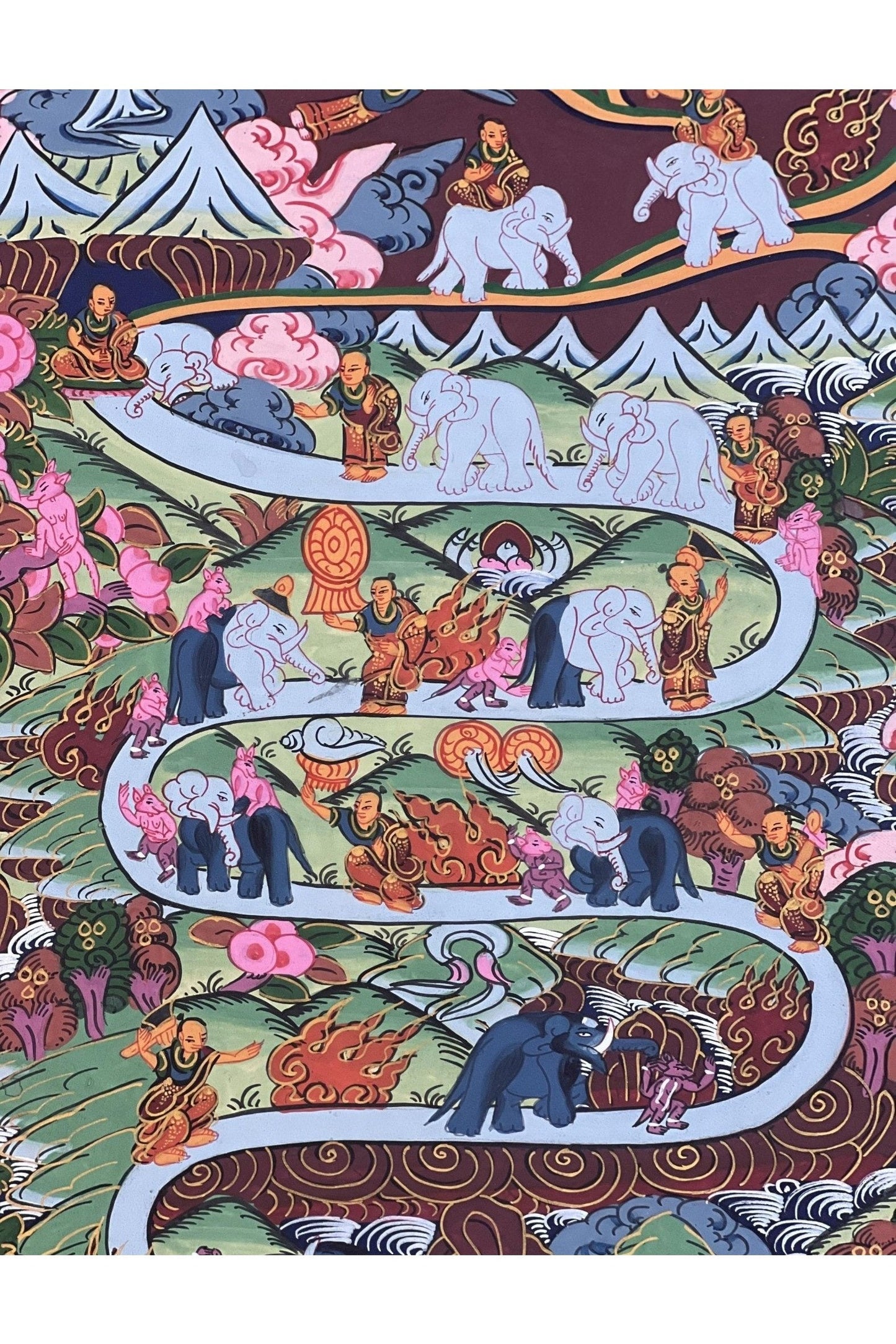 Elephant Path Samatha Meditation Way to Heaven/ Nirvana Tibetan Thangka Painting Original Art for Nine Stage Samatha Meditation Practice - Tibetan Thangka Art