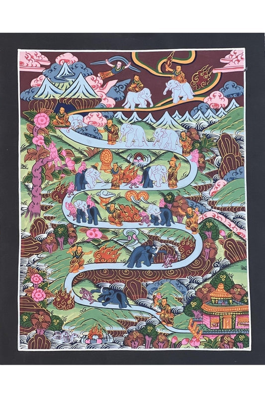 Elephant Path Samatha Meditation Way to Heaven/ Nirvana Tibetan Thangka Painting Original Art for Nine Stage Samatha Meditation Practice - Tibetan Thangka Art