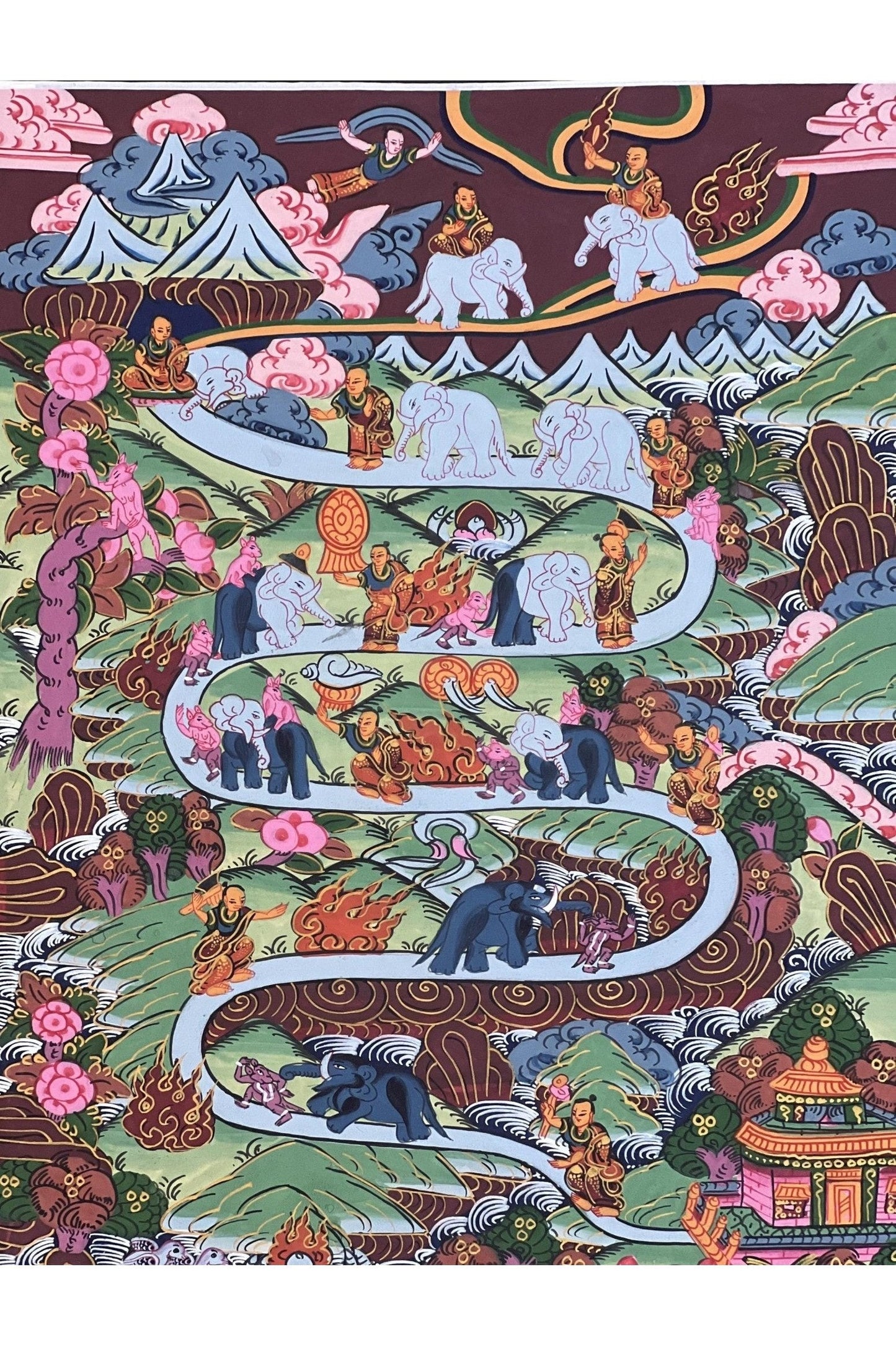 Elephant Path Samatha Meditation Way to Heaven/ Nirvana Tibetan Thangka Painting Original Art for Nine Stage Samatha Meditation Practice - Tibetan Thangka Art