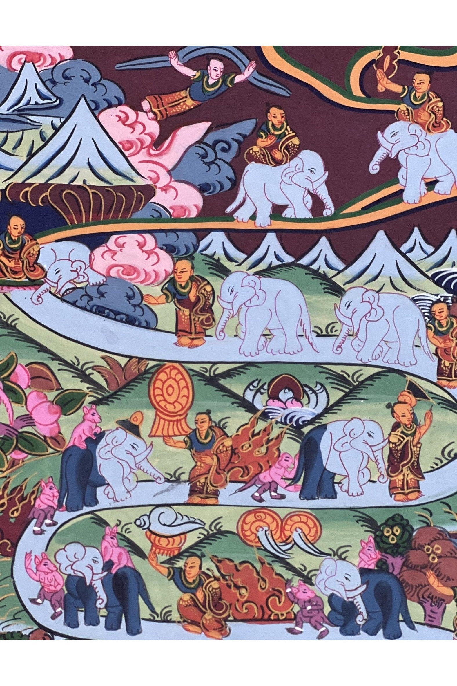 Elephant Path Samatha Meditation Way to Heaven/ Nirvana Tibetan Thangka Painting Original Art for Nine Stage Samatha Meditation Practice - Tibetan Thangka Art
