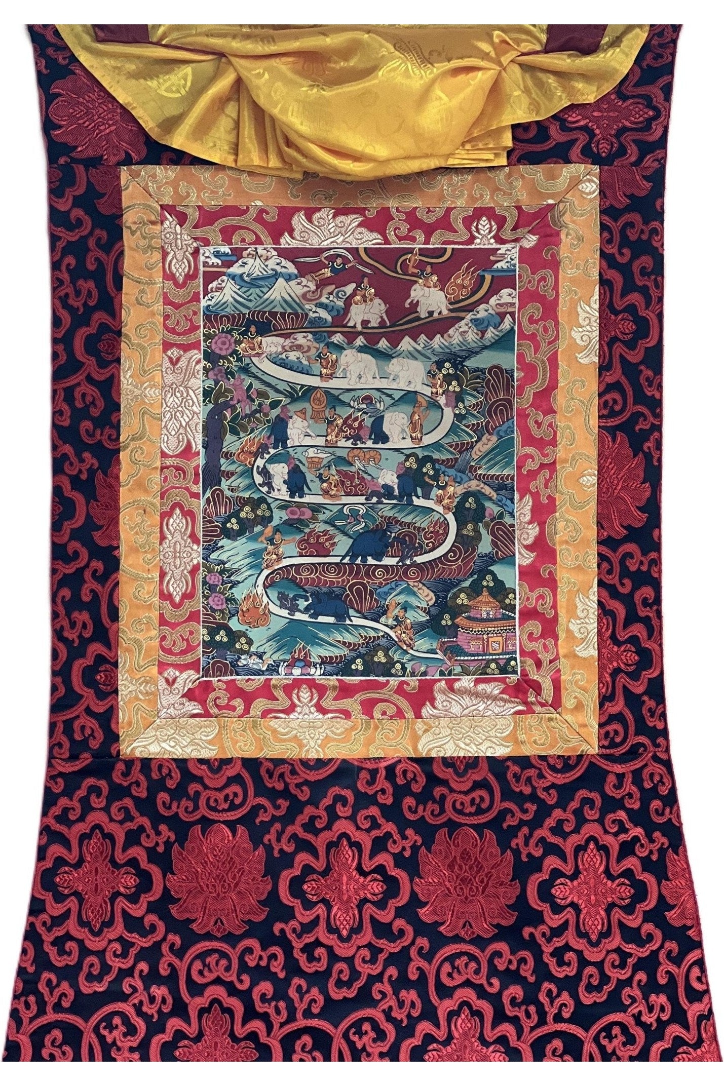 Elephant Path Samatha Meditation Way to Heaven/Nirvana Tibetan Thangka Painting Original Art with Silk Brocade - Tibetan Thangka Art