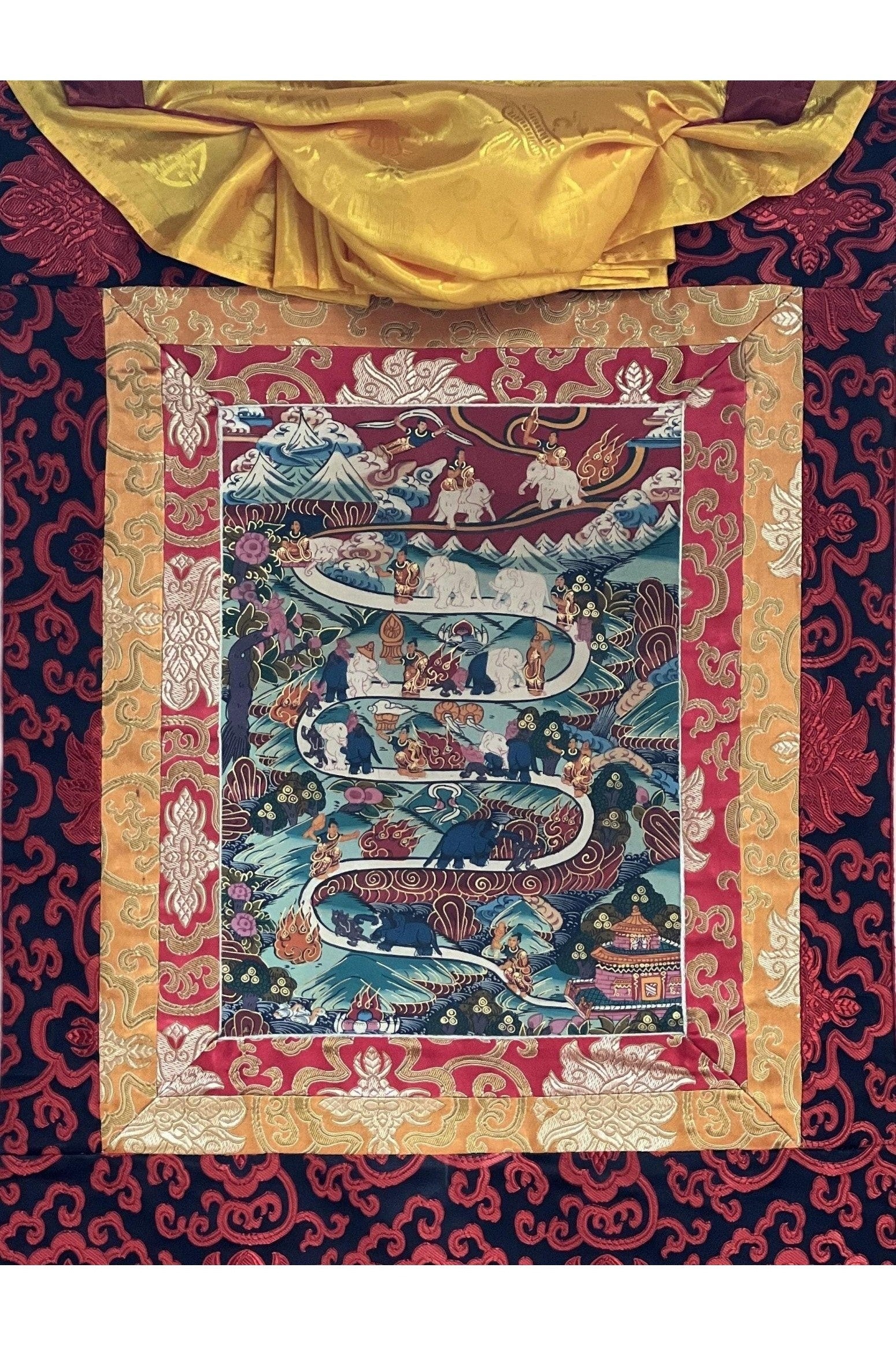 Elephant Path Samatha Meditation Way to Heaven/Nirvana Tibetan Thangka Painting Original Art with Silk Brocade - Tibetan Thangka Art