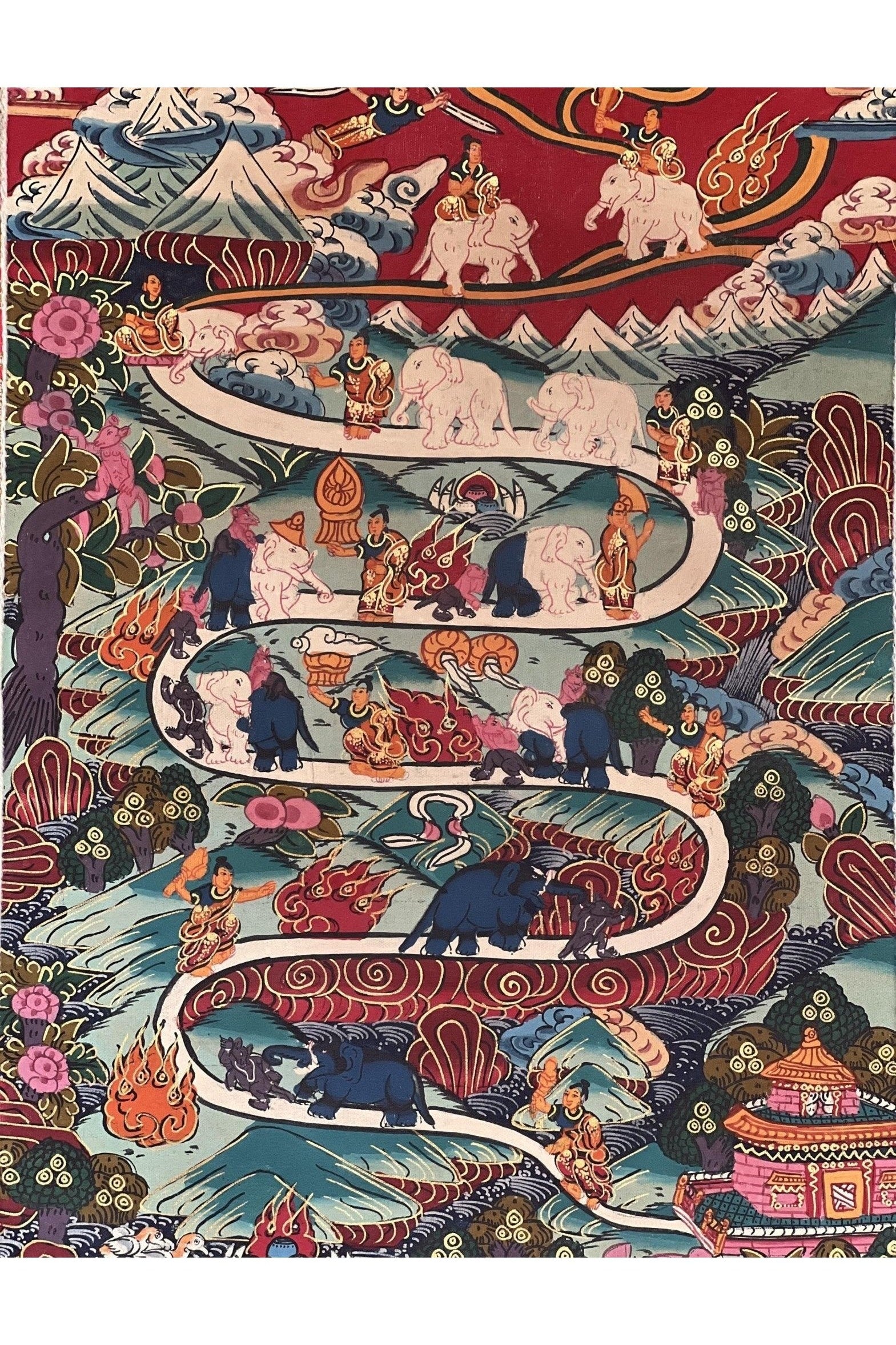 Elephant Path Samatha Meditation Way to Heaven/Nirvana Tibetan Thangka Painting Original Art with Silk Brocade - Tibetan Thangka Art