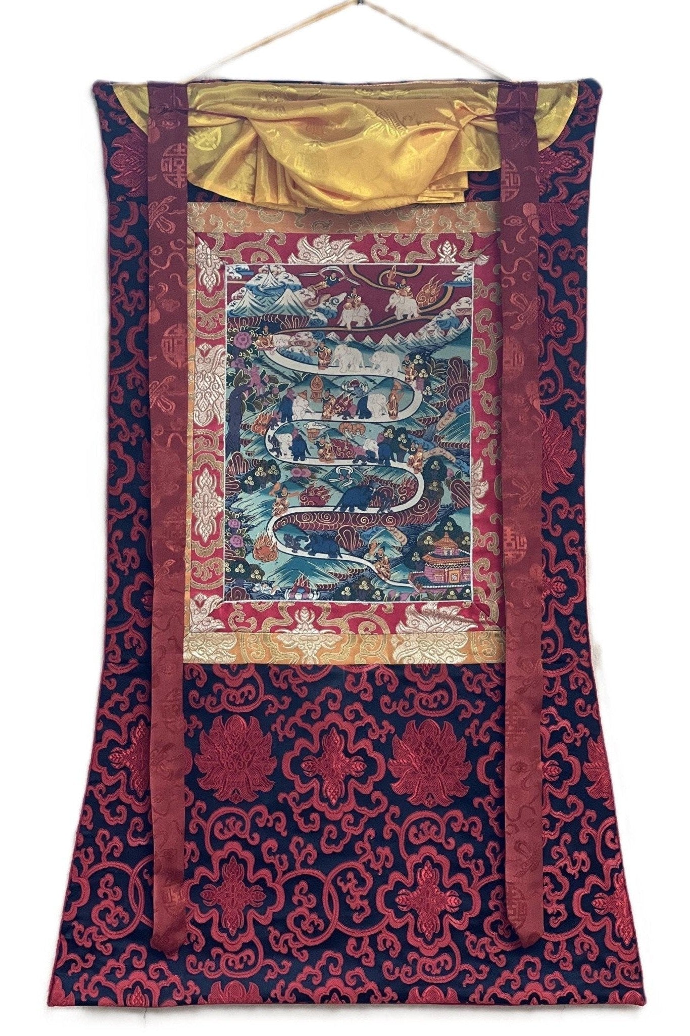 Elephant Path Samatha Meditation Way to Heaven/Nirvana Tibetan Thangka Painting Original Art with Silk Brocade - Tibetan Thangka Art