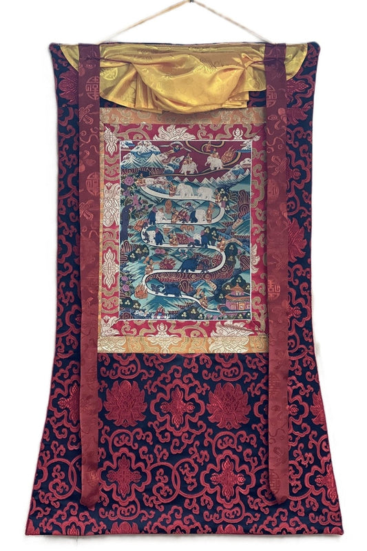 Elephant Path Samatha Meditation Way to Heaven/Nirvana Tibetan Thangka Painting Original Art with Silk Brocade - Tibetan Thangka Art