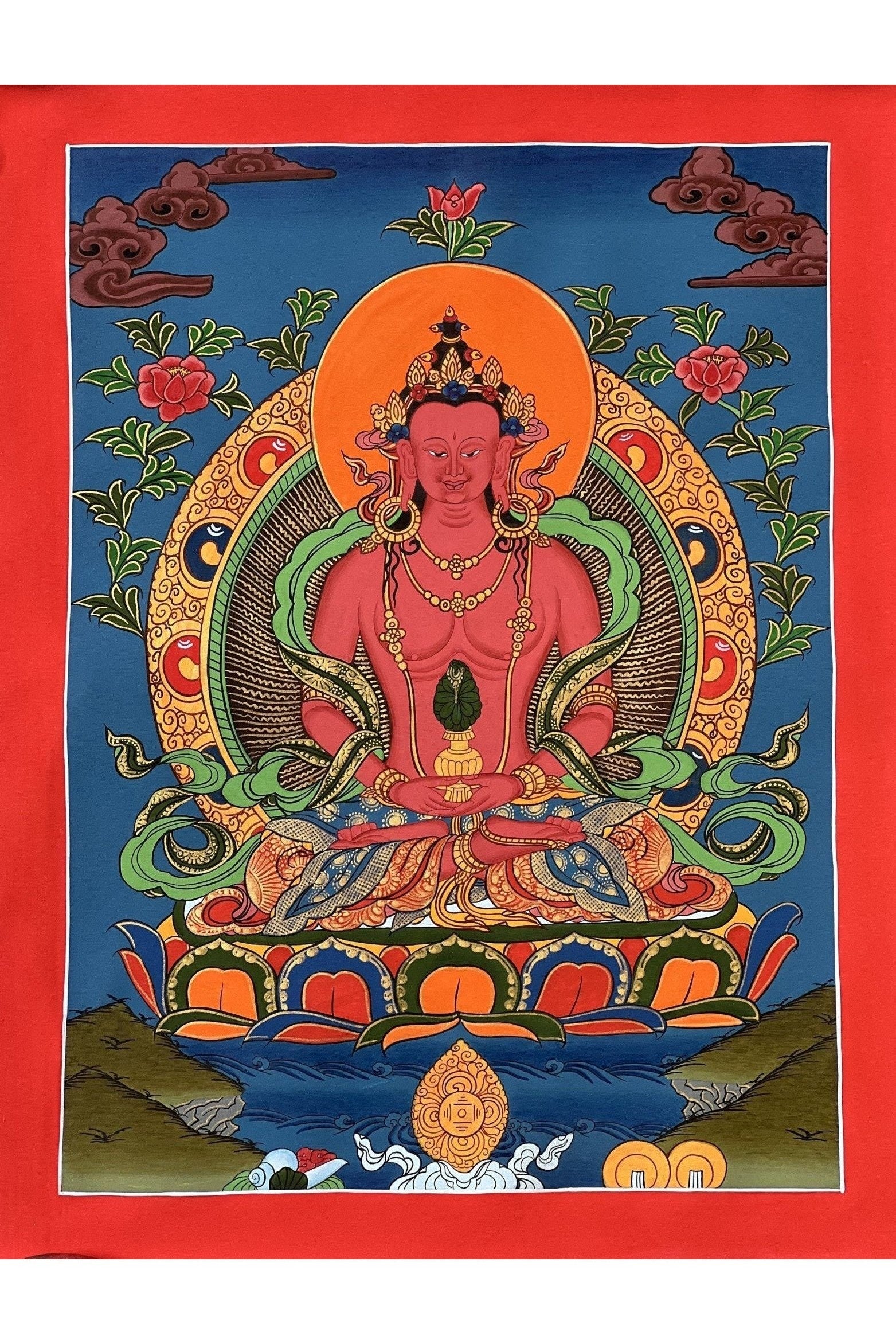 Eternal Serenity Unveiled Original Hand - Painted Amitayus Buddha in Pure Land Sukhavati - Compassionate Meditation Tibetan Thangka Painting - Tibetan Thangka Art