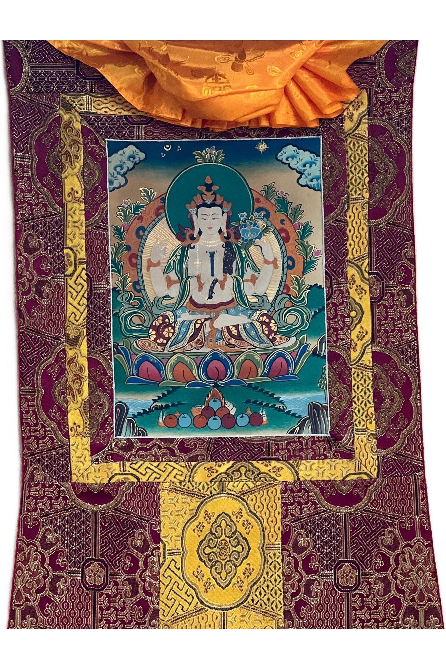 Four Armed Avalokiteshvara/ Lokeswor/ Chyangresi/ Chenrezig Old Smoky Tibetan Thangka Painting with High - Quality Silk Brocade - Tibetan Thangka Art