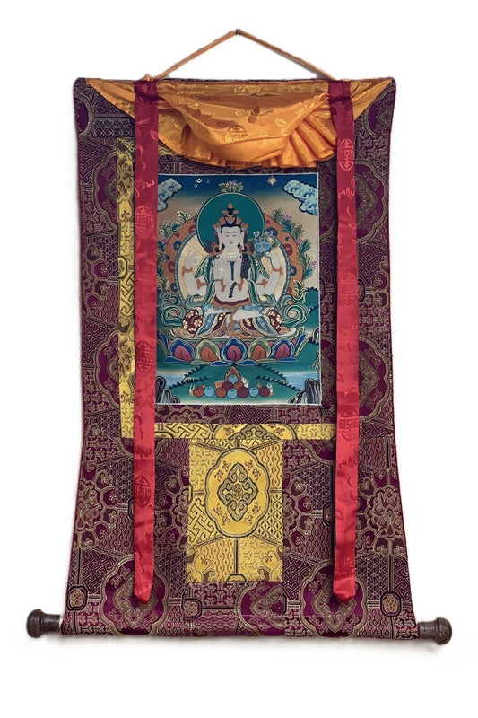 Four Armed Avalokiteshvara/ Lokeswor/ Chyangresi/ Chenrezig Old Smoky Tibetan Thangka Painting with High - Quality Silk Brocade - Tibetan Thangka Art
