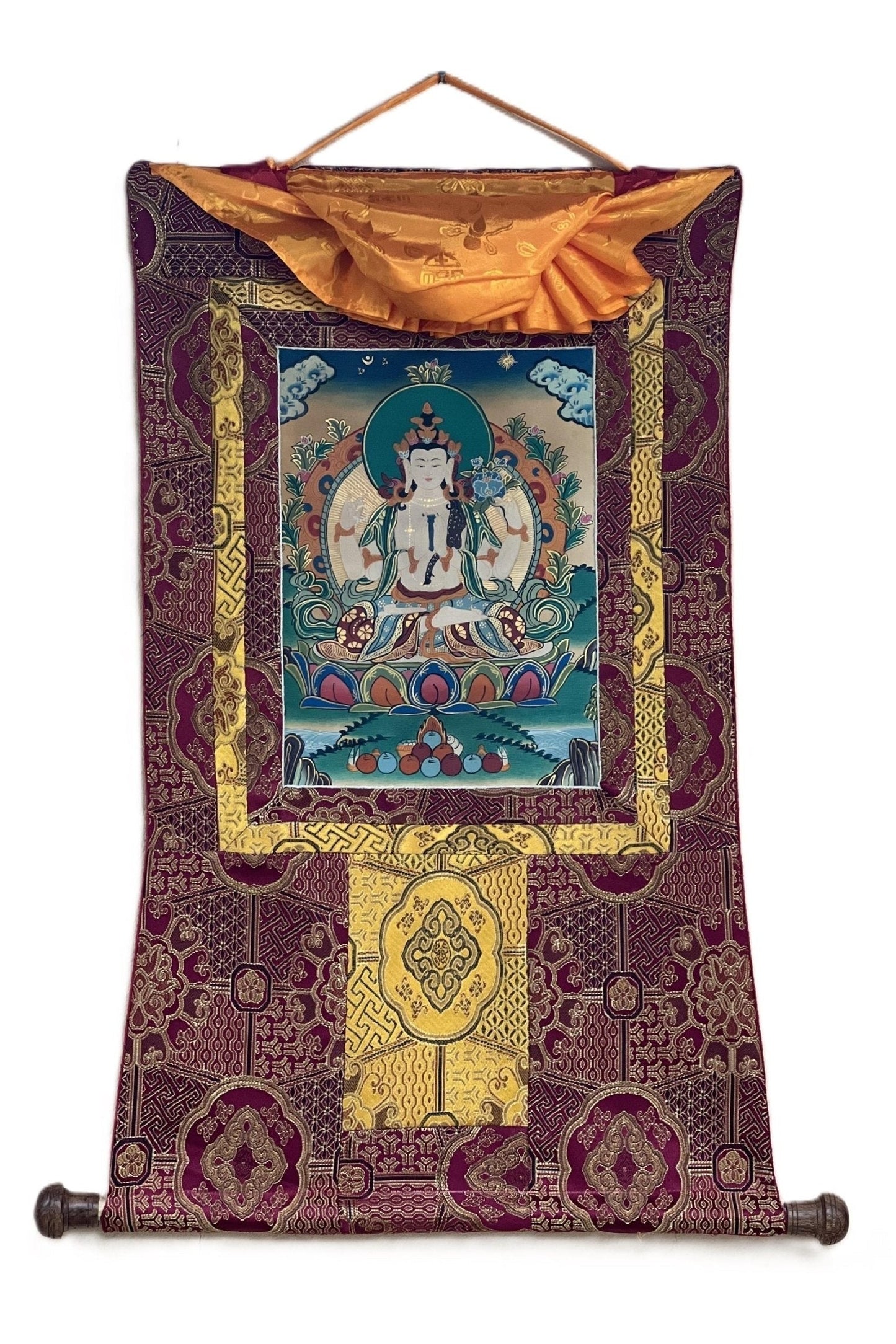 Four Armed Avalokiteshvara/ Lokeswor/ Chyangresi/ Chenrezig Old Smoky Tibetan Thangka Painting with High - Quality Silk Brocade - Tibetan Thangka Art