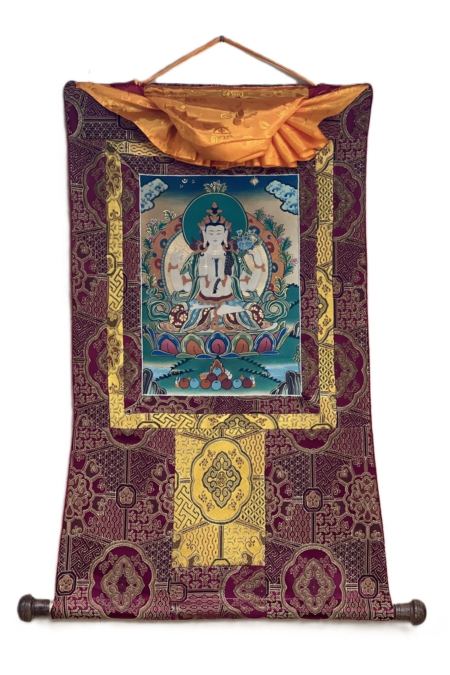 Four Armed Avalokiteshvara/ Lokeswor/ Chyangresi/ Chenrezig Old Smoky Tibetan Thangka Painting with High - Quality Silk Brocade - Tibetan Thangka Art