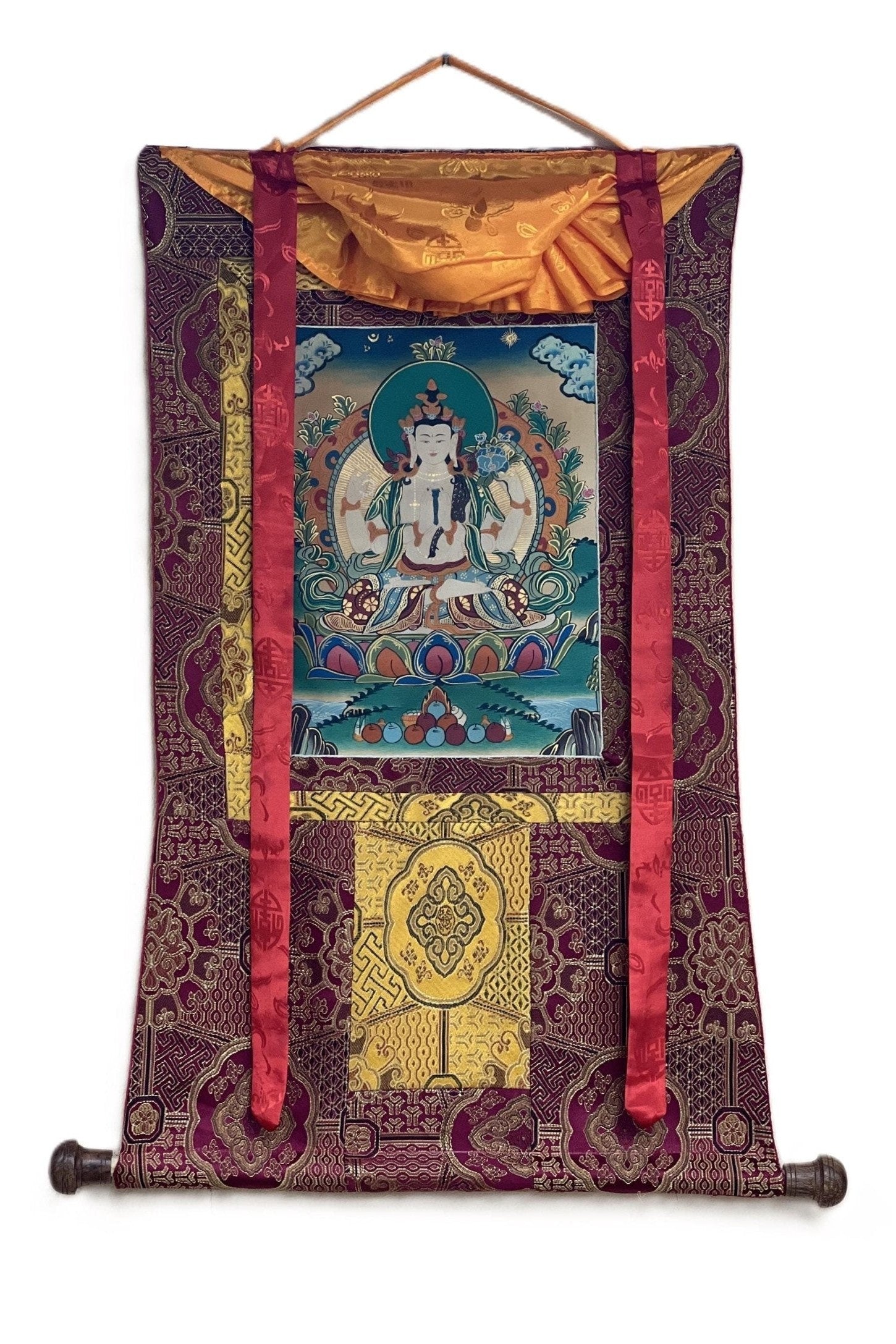 Four Armed Avalokiteshvara/ Lokeswor/ Chyangresi/ Chenrezig Old Smoky Tibetan Thangka Painting with High - Quality Silk Brocade - Tibetan Thangka Art